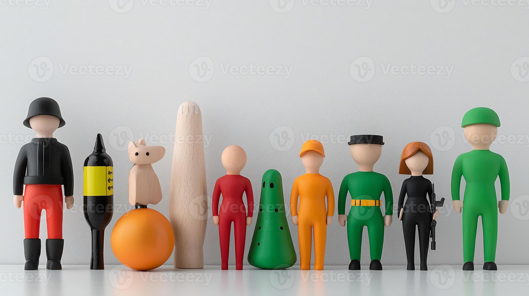 Colorful wooden figurines of various characters arranged on a minimalist background, showcasing diversity photo