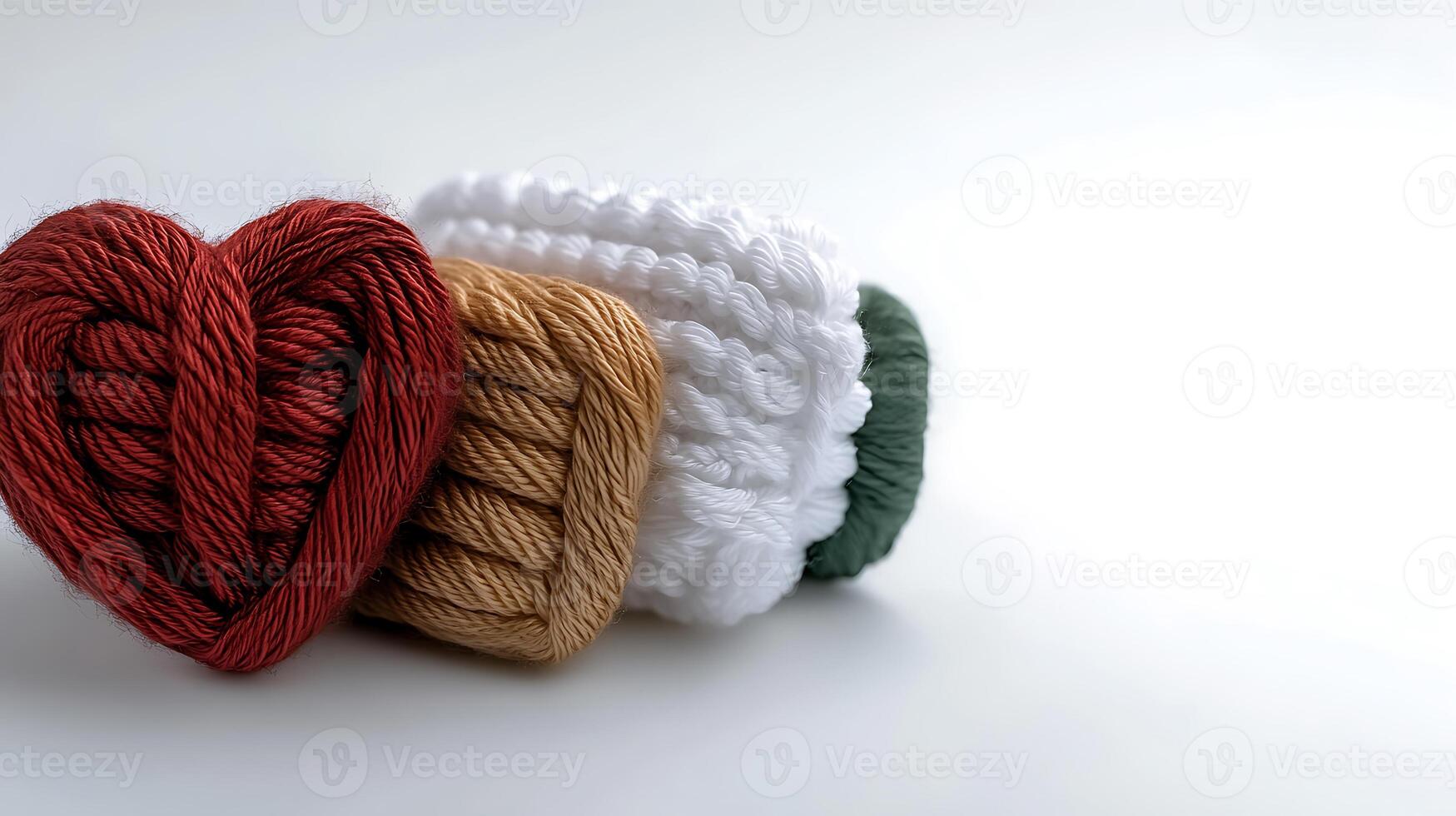 Colorful yarn bundles arranged in a heart shape, showcasing texture and creativity on a light background photo