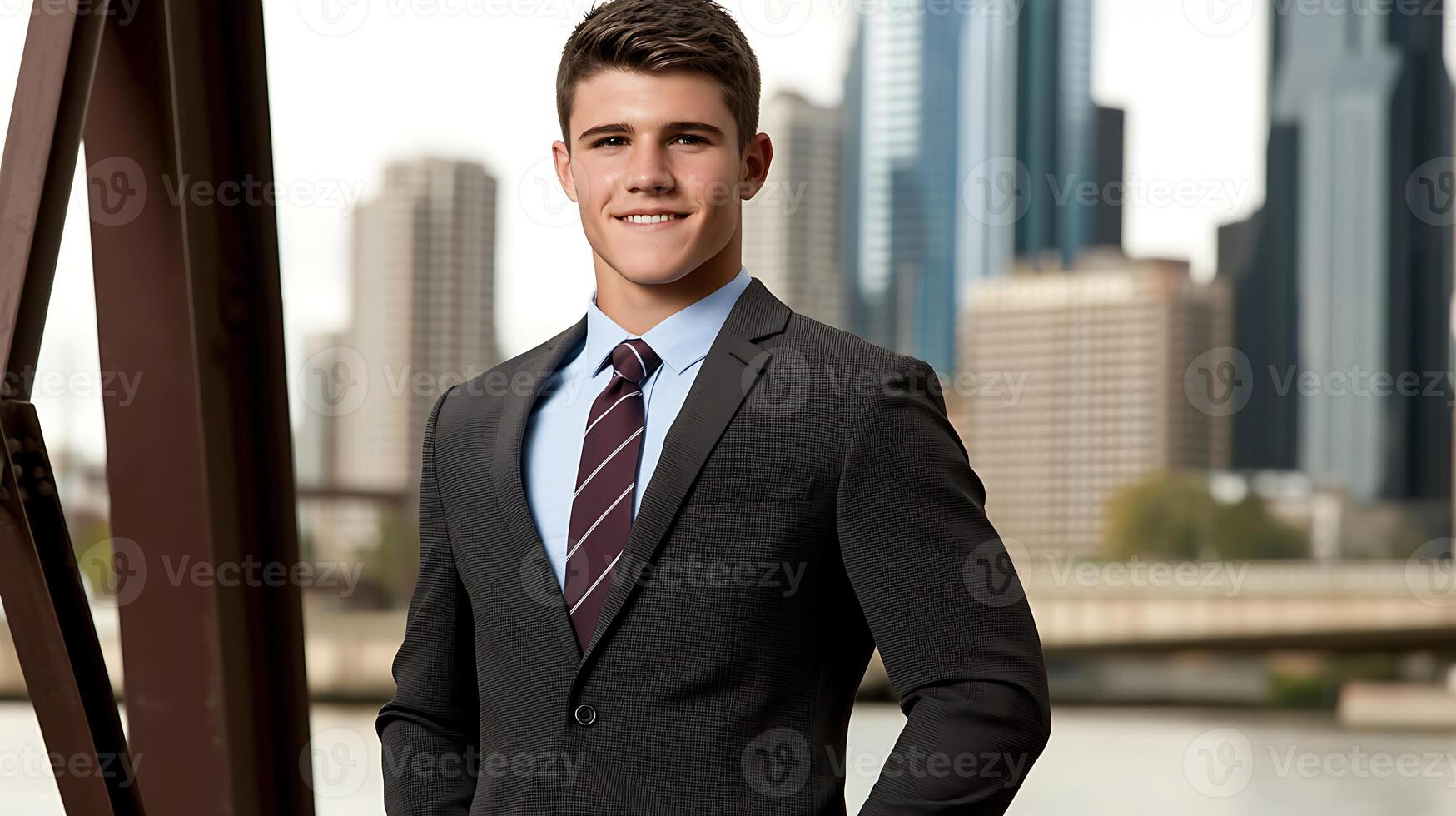 Confident young professional in suit poses near urban skyline with river backdrop photo