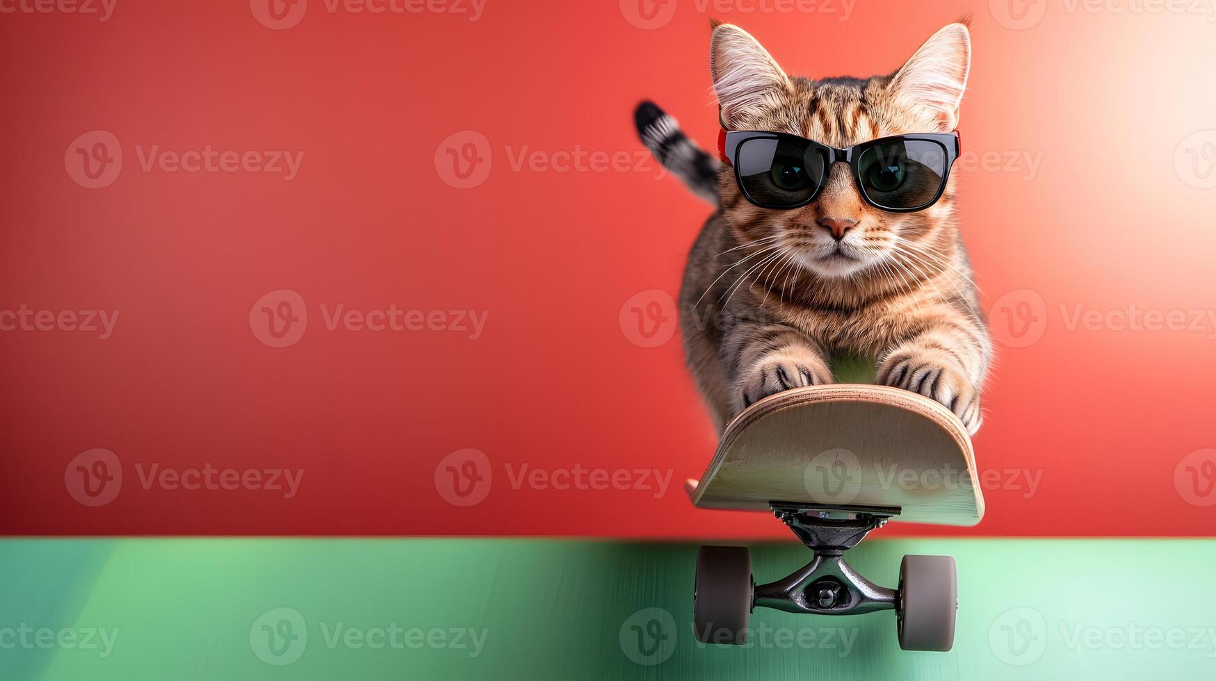 Cool cat on skateboard wearing sunglasses, vibrant background, showcasing playful attitude photo