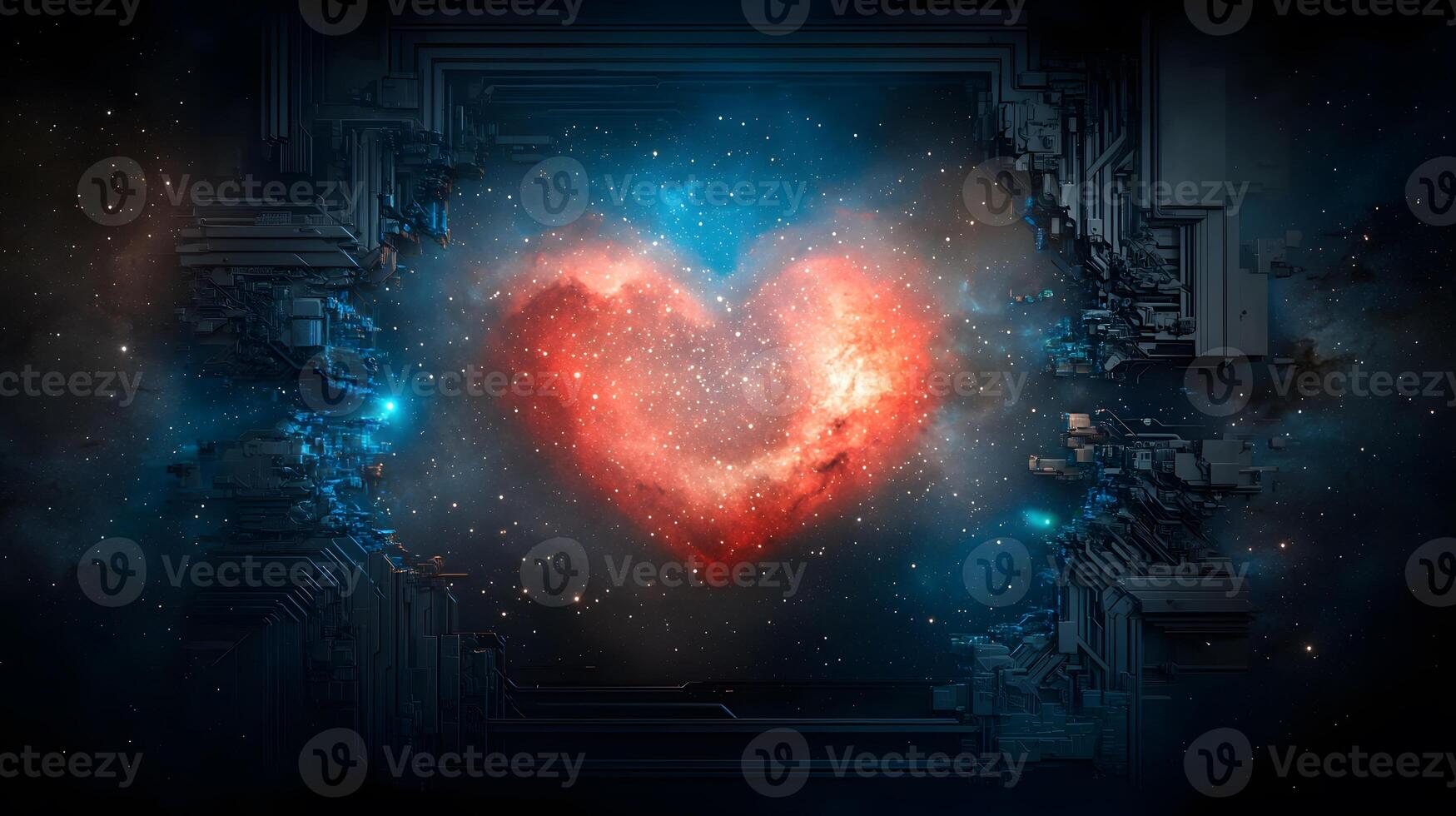 Cosmic heart shape glowing in a starry universe with abstract structures surrounding it photo