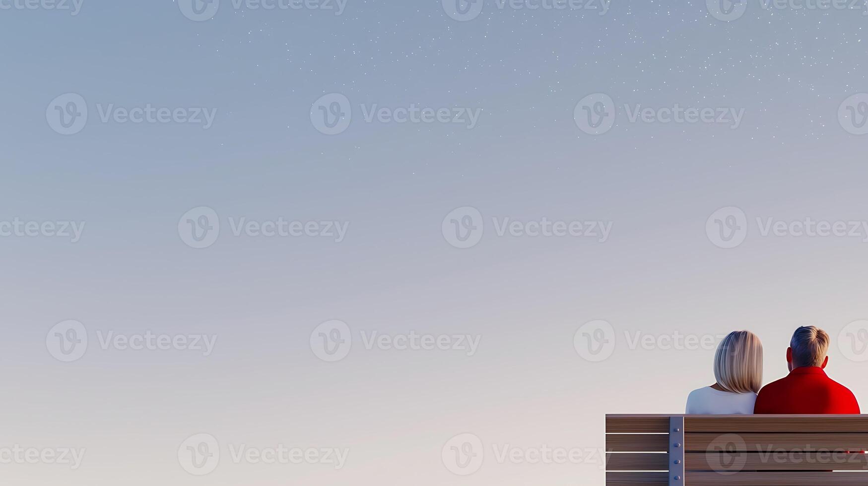 Couple sitting on a bench gazing at a serene sky filled with stars at twilight photo