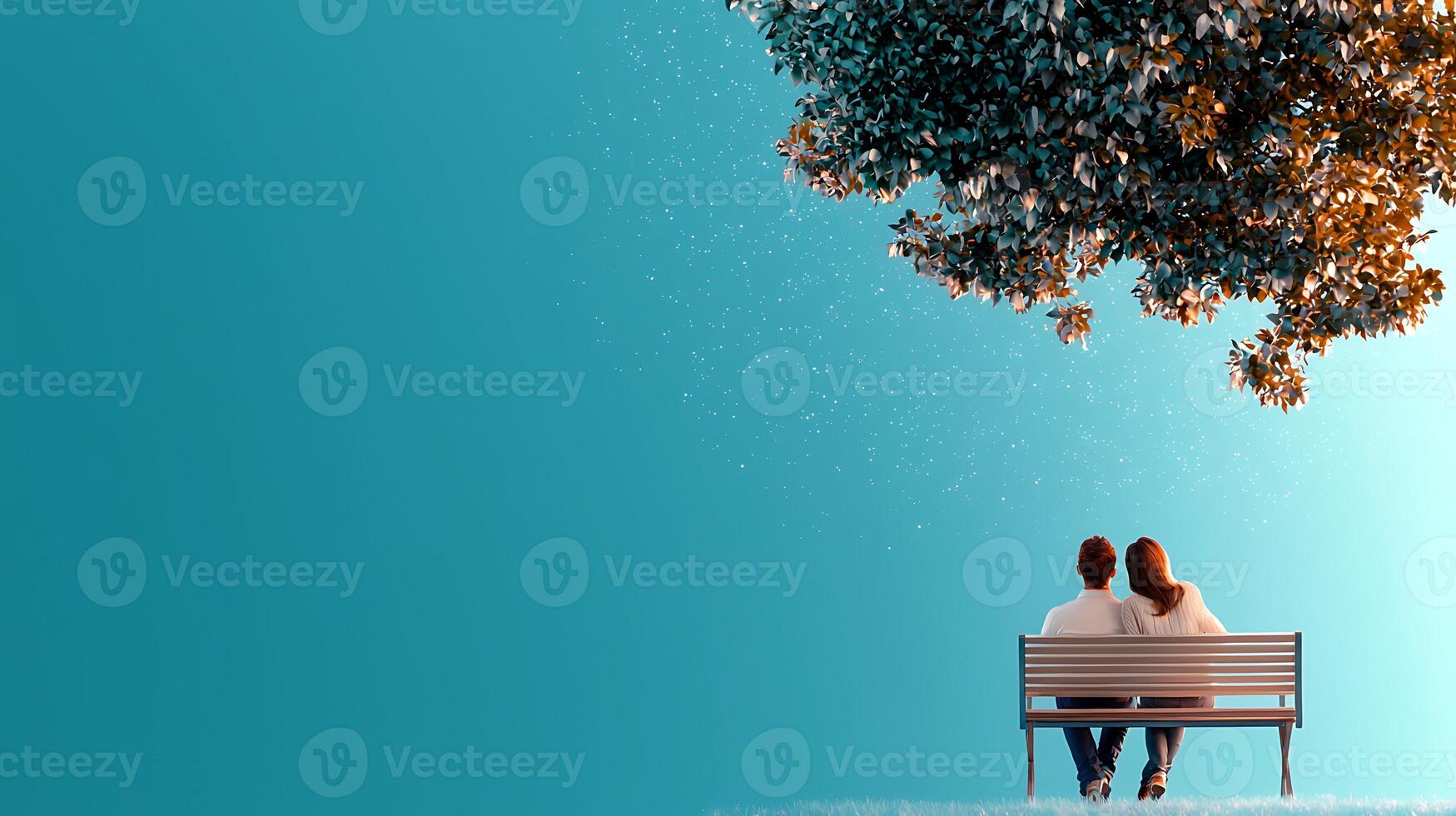 Couple sitting on a bench under a tree, enjoying a peaceful moment with glowing particles in the air photo