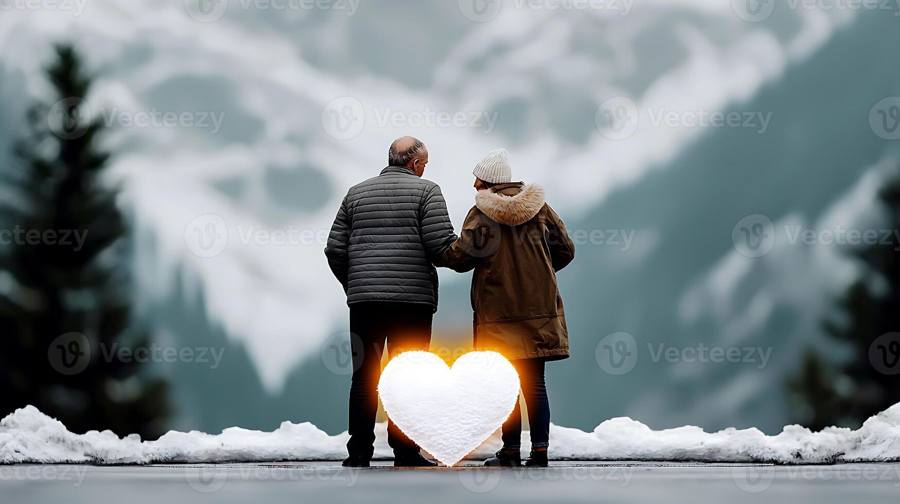 Couple standing together in snowy mountains, surrounded by trees, with a glowing heart symbol in the snow photo