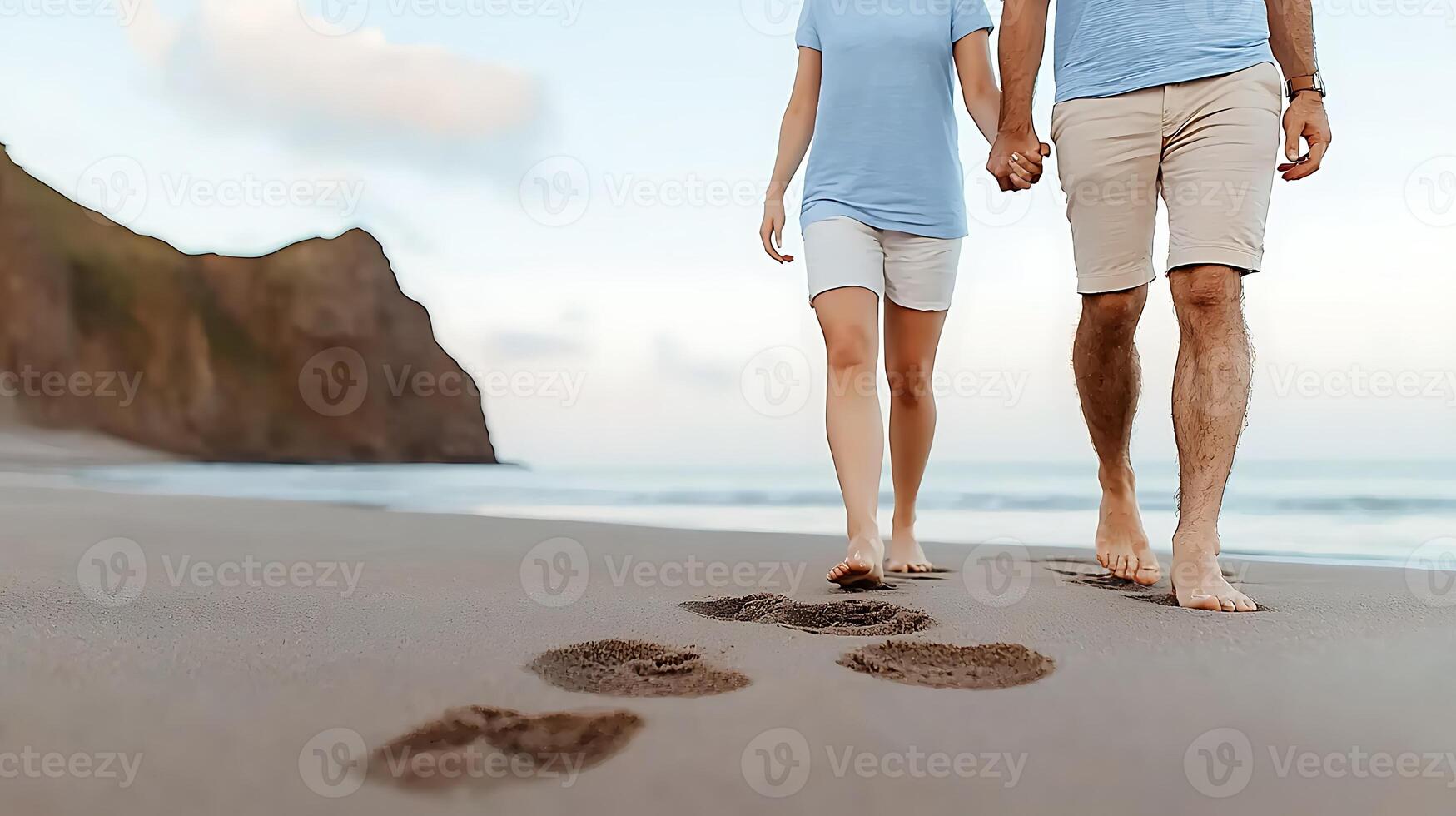 Couple walking hand-in-hand on a sandy beach, leaving footprints, with waves and cliffs in the background photo