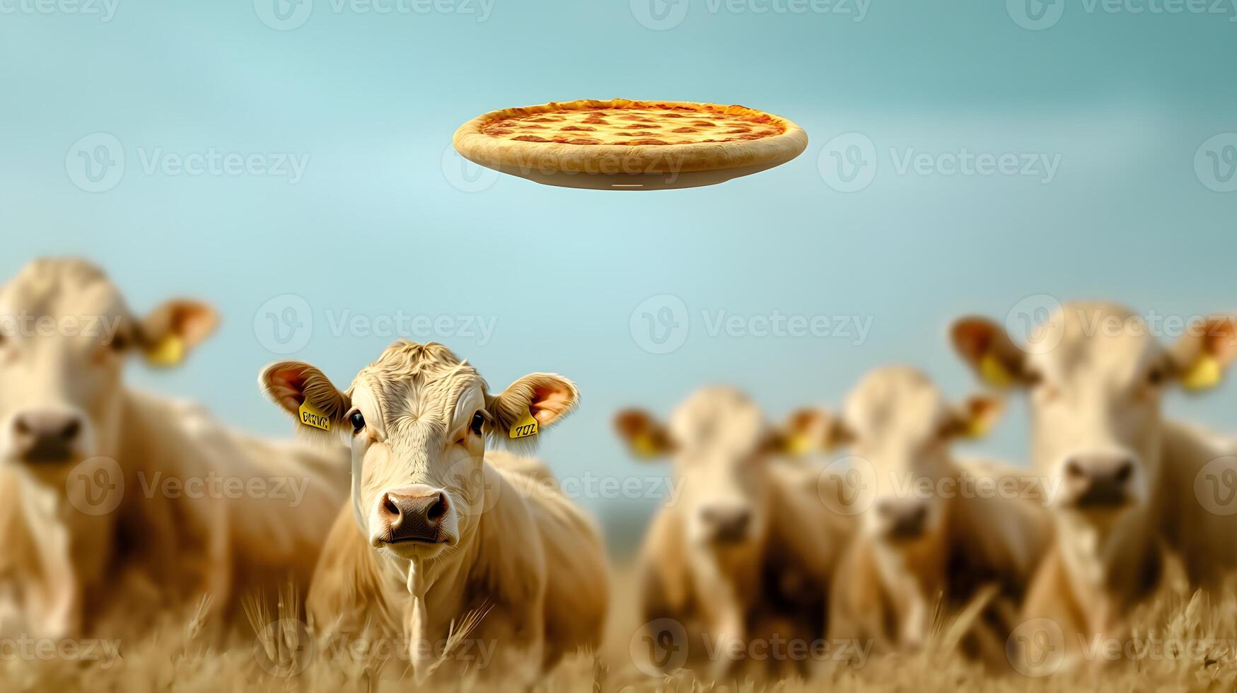 Cows gazing at a floating pizza in a serene farm setting with a clear sky backdrop photo