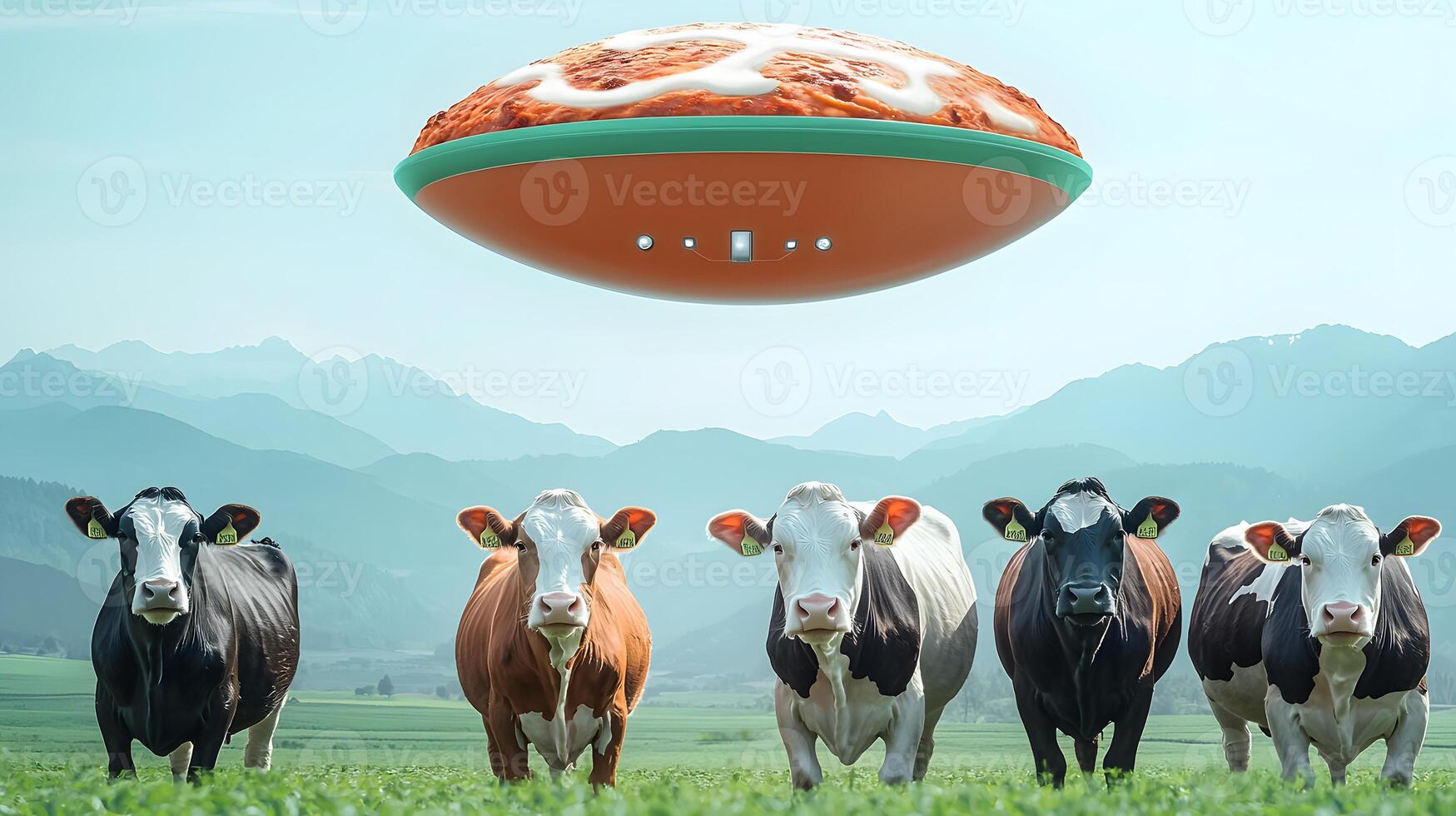 Cows grazing in a lush field with a flying saucer hovering above them in a serene landscape photo