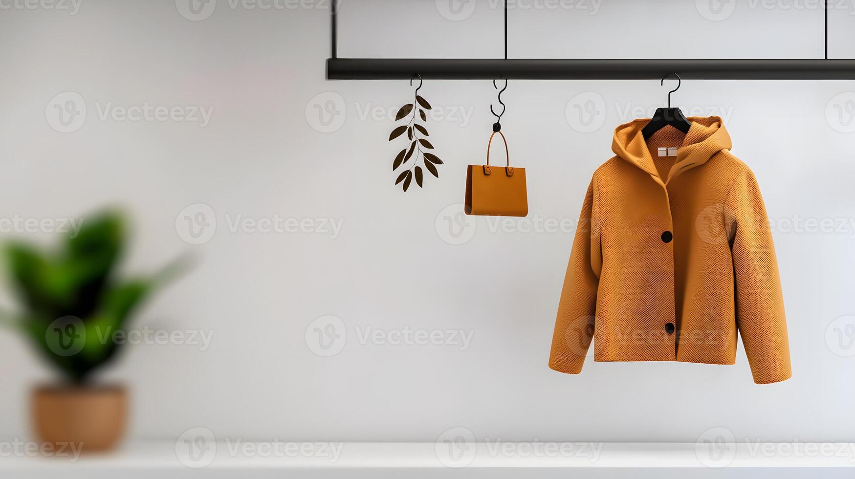 Cozy autumn fashion display featuring a stylish orange jacket and handbag against a minimalist backdrop photo