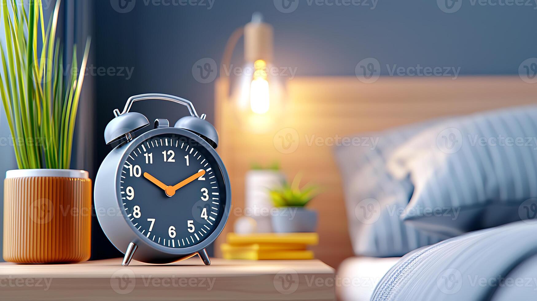 Cozy bedroom scene featuring a vintage alarm clock, indoor plants, and soft lighting ambiance photo
