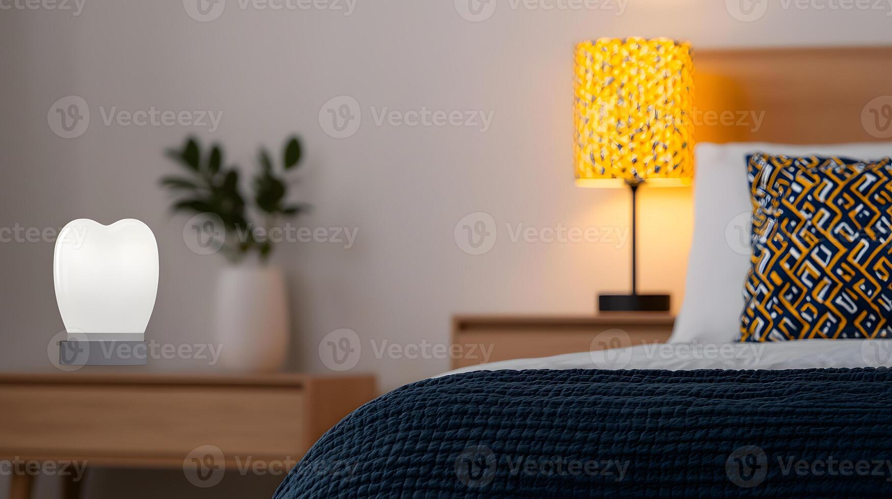 Cozy bedroom scene featuring a unique lamp, colorful bedding, and decorative elements in a modern setting photo