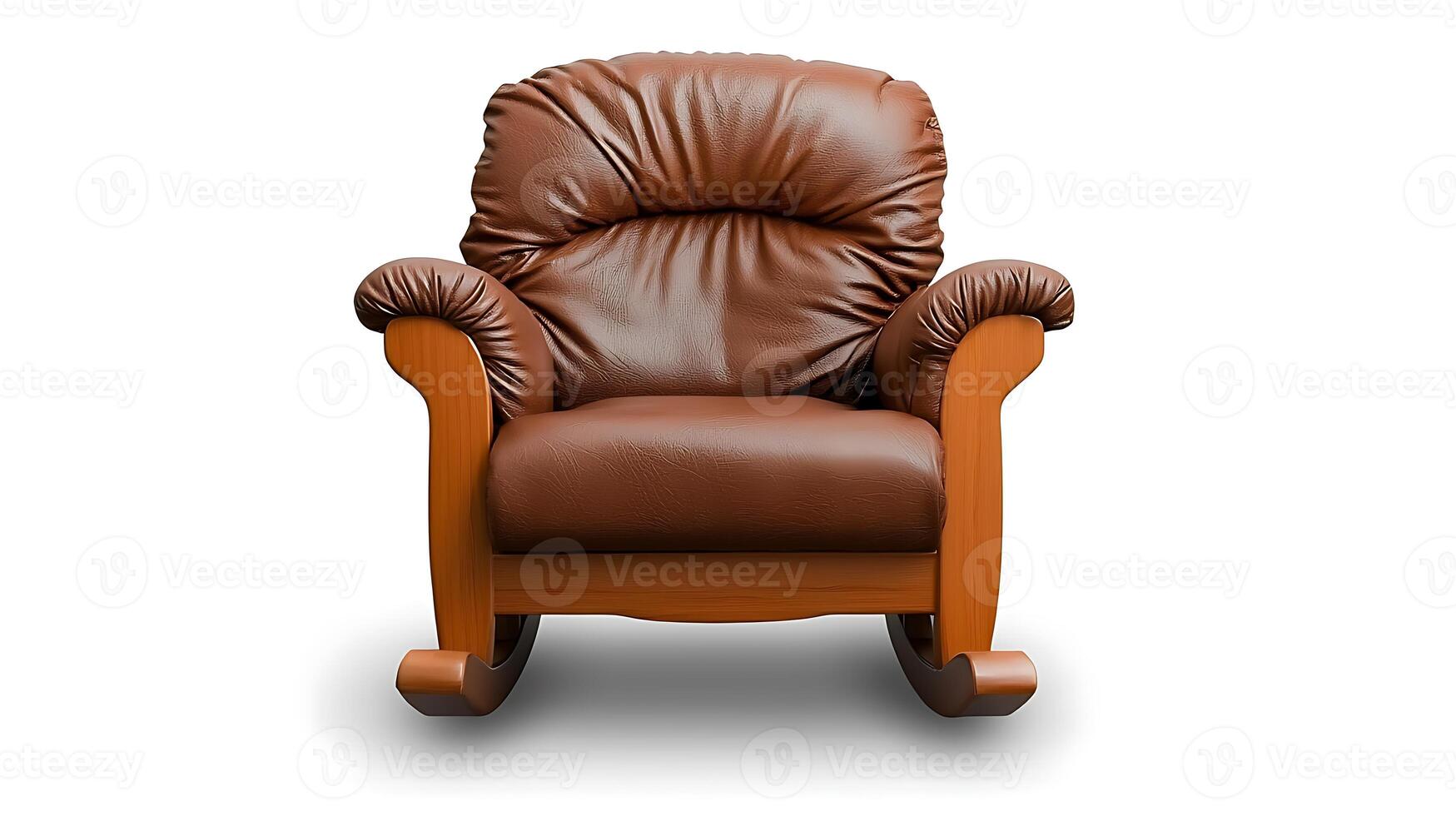 Cozy brown leather rocking chair with plush cushions, set against a minimalist white backdrop photo