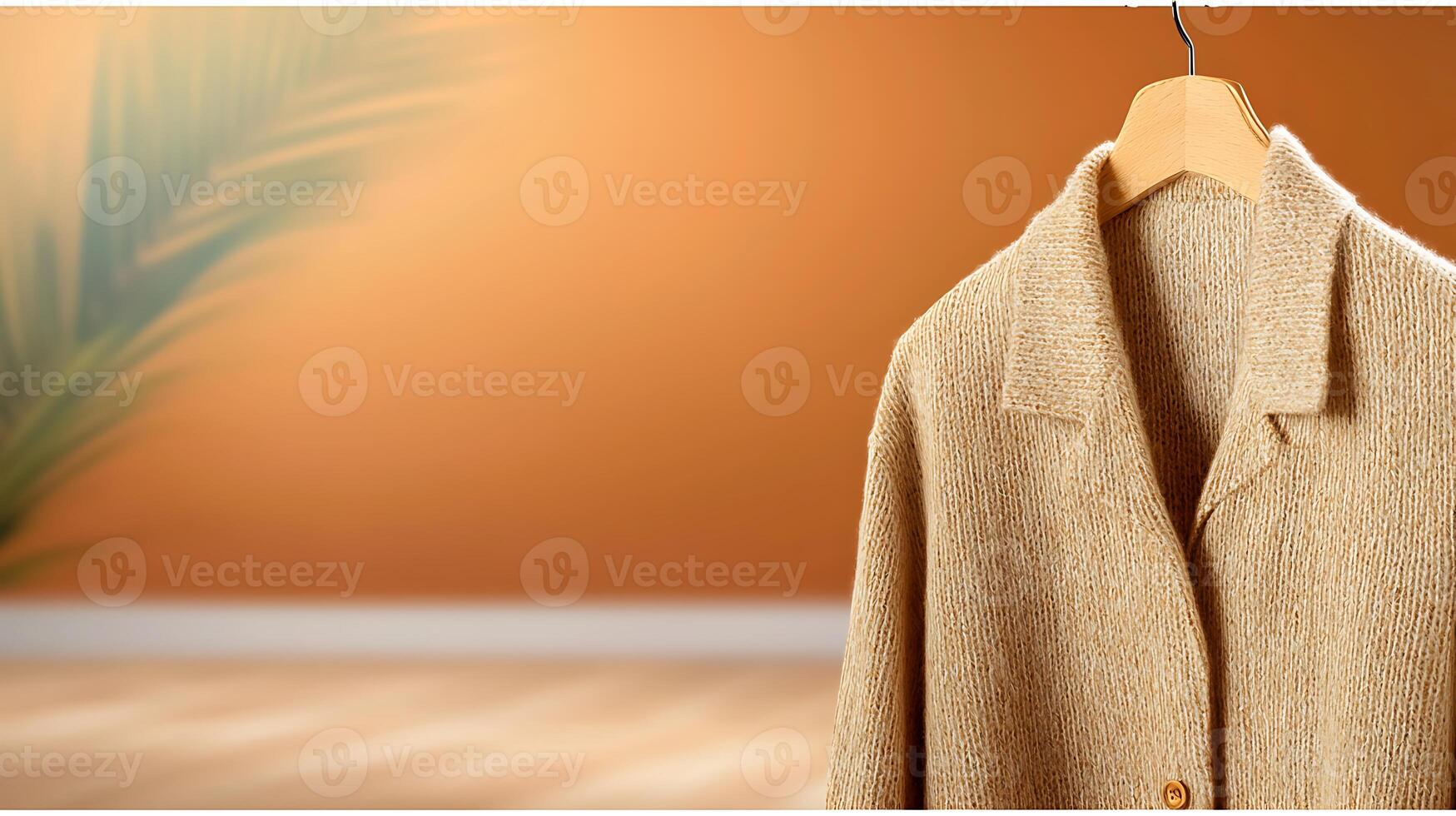 Cozy beige jacket hanging on a wooden hanger against a warm orange wall with a palm leaf photo