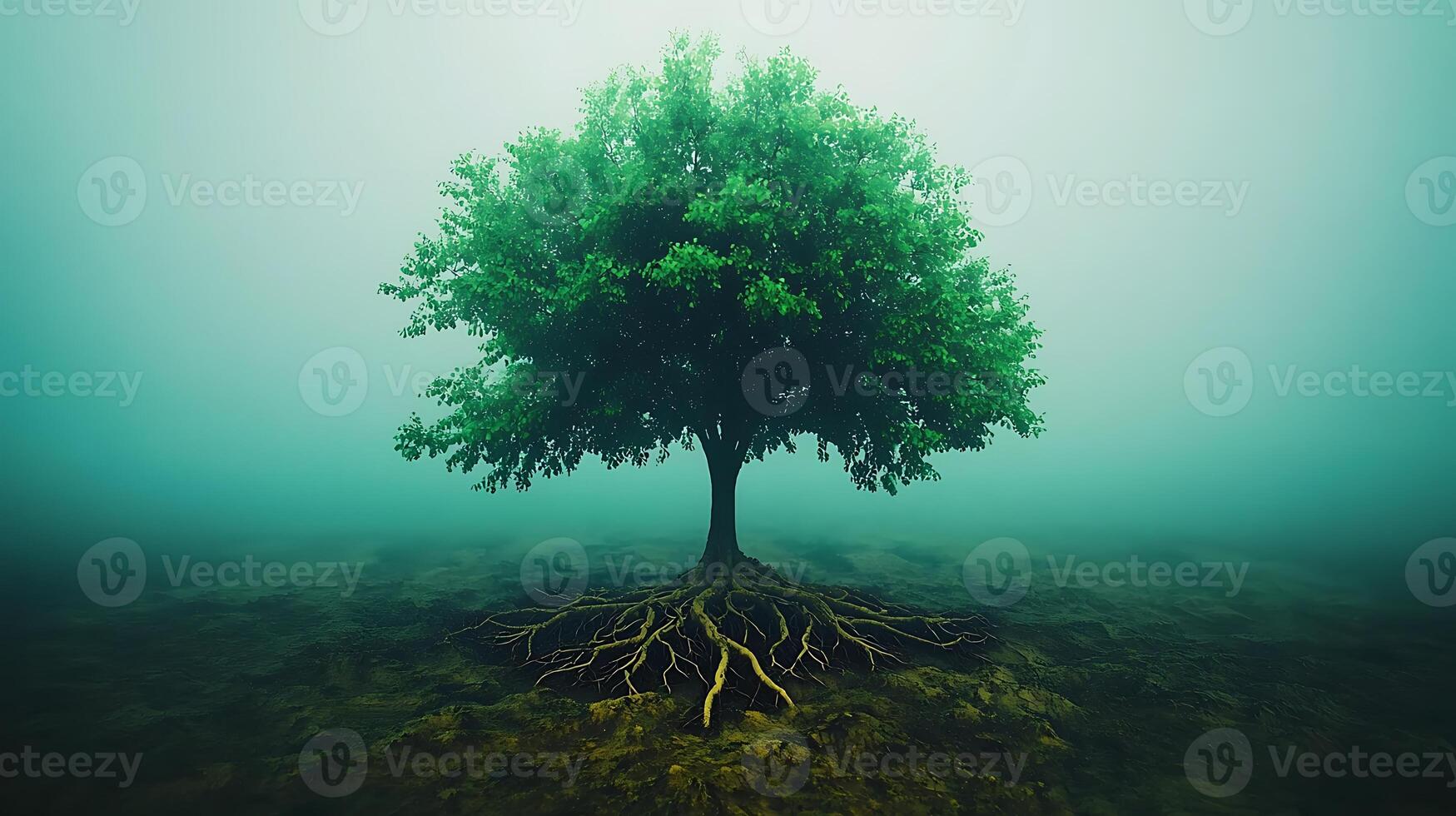 Lush green tree with exposed roots standing in a misty landscape, symbolizing growth and resilience photo