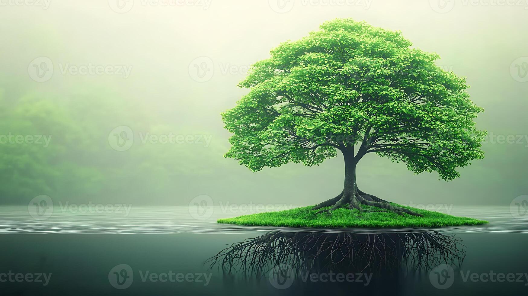 Lush green tree standing on a small island in a misty lake surrounded by dense forest photo