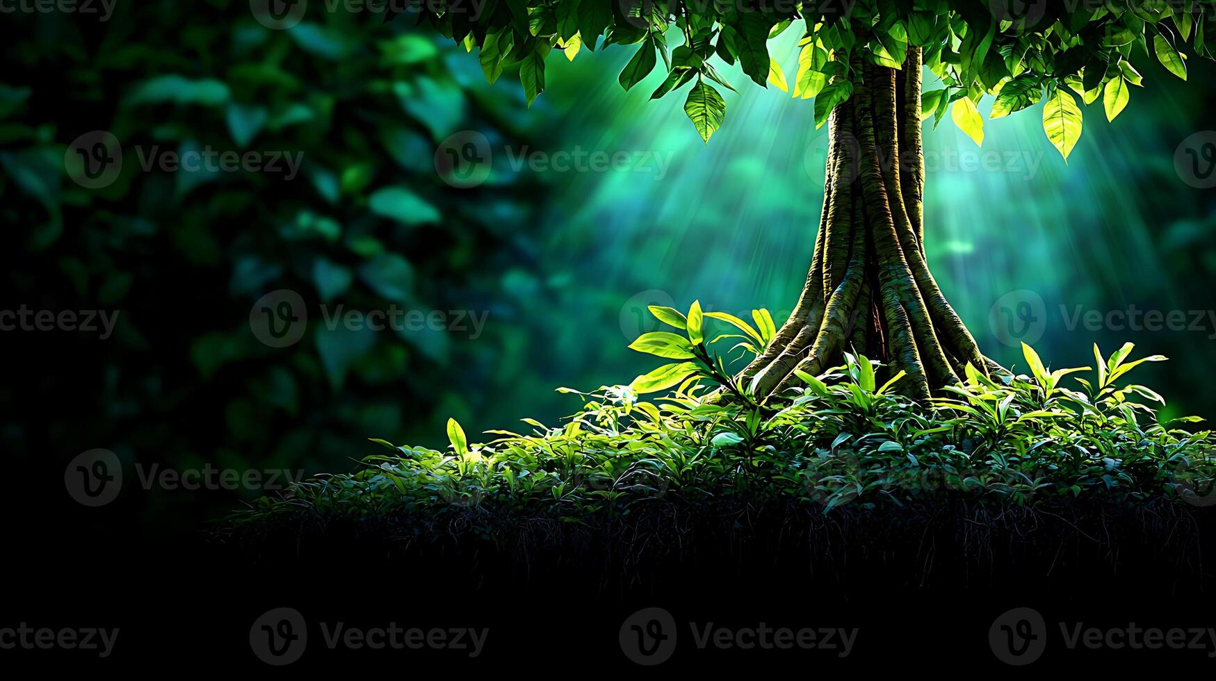 Lush green tree with sunlight filtering through leaves, creating a serene forest atmosphere photo