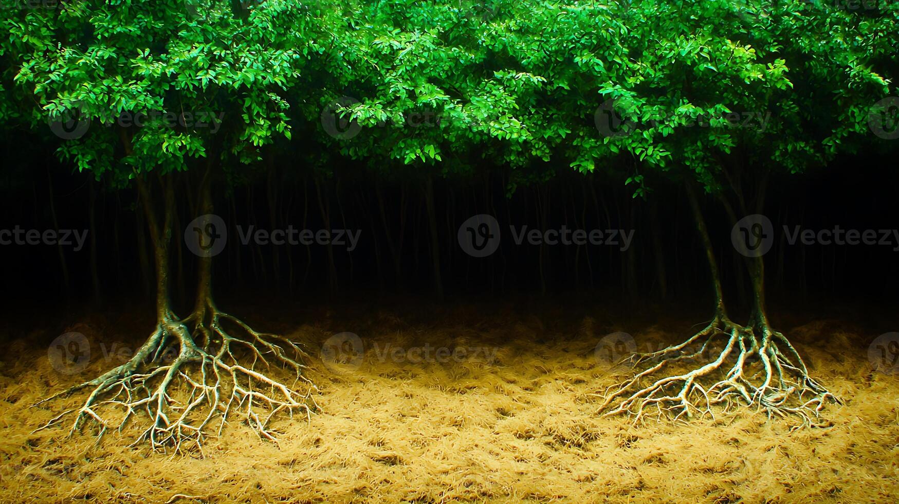Lush green trees with intricate roots in a serene forest setting, showcasing nature's beauty photo