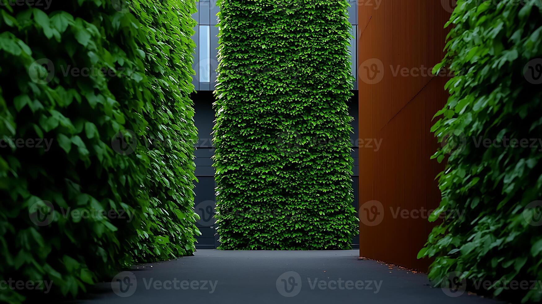 Lush Green Vertical Gardens Framing a Modern Pathway in an Urban Environment photo