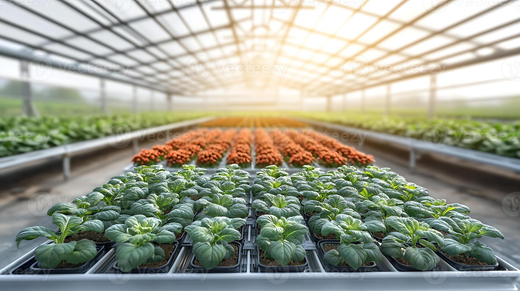 Lush greenhouse filled with vibrant plants and seedlings, illuminated by warm sunlight photo