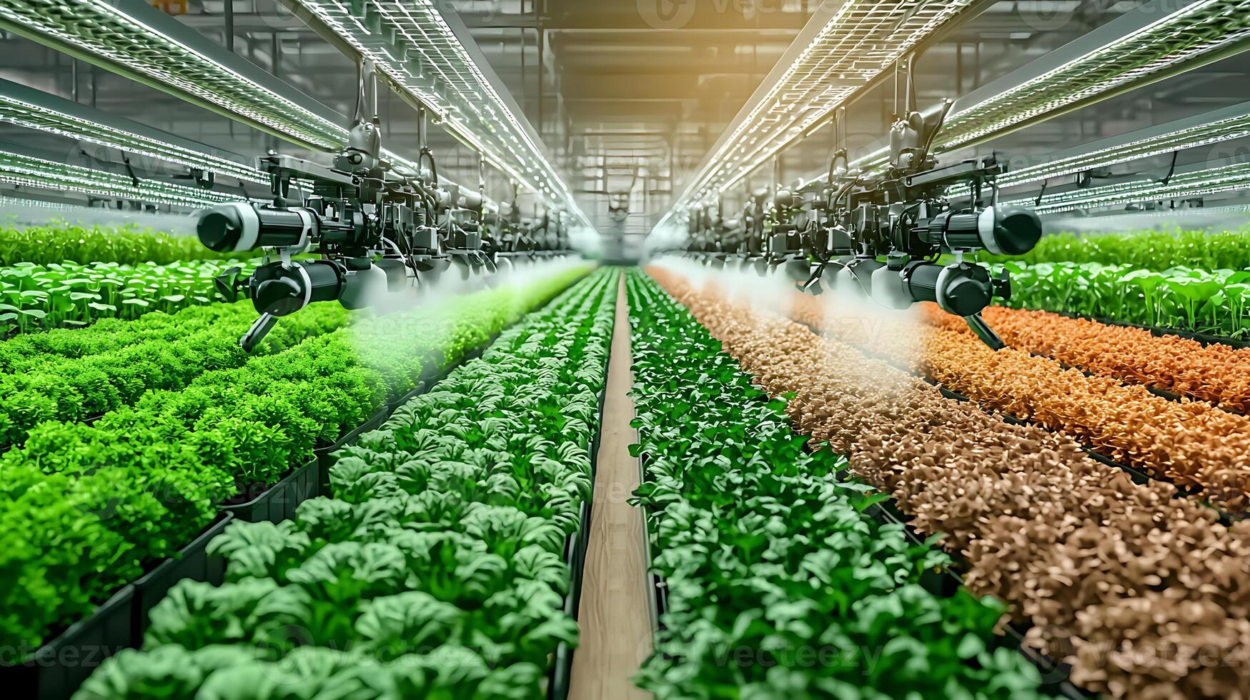 Lush greenhouse with rows of vibrant lettuce being misted by automated sprayers in action photo