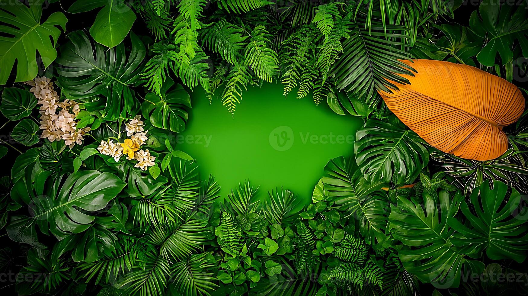 Lush tropical foliage framing a vibrant green background, ideal for nature-themed designs photo