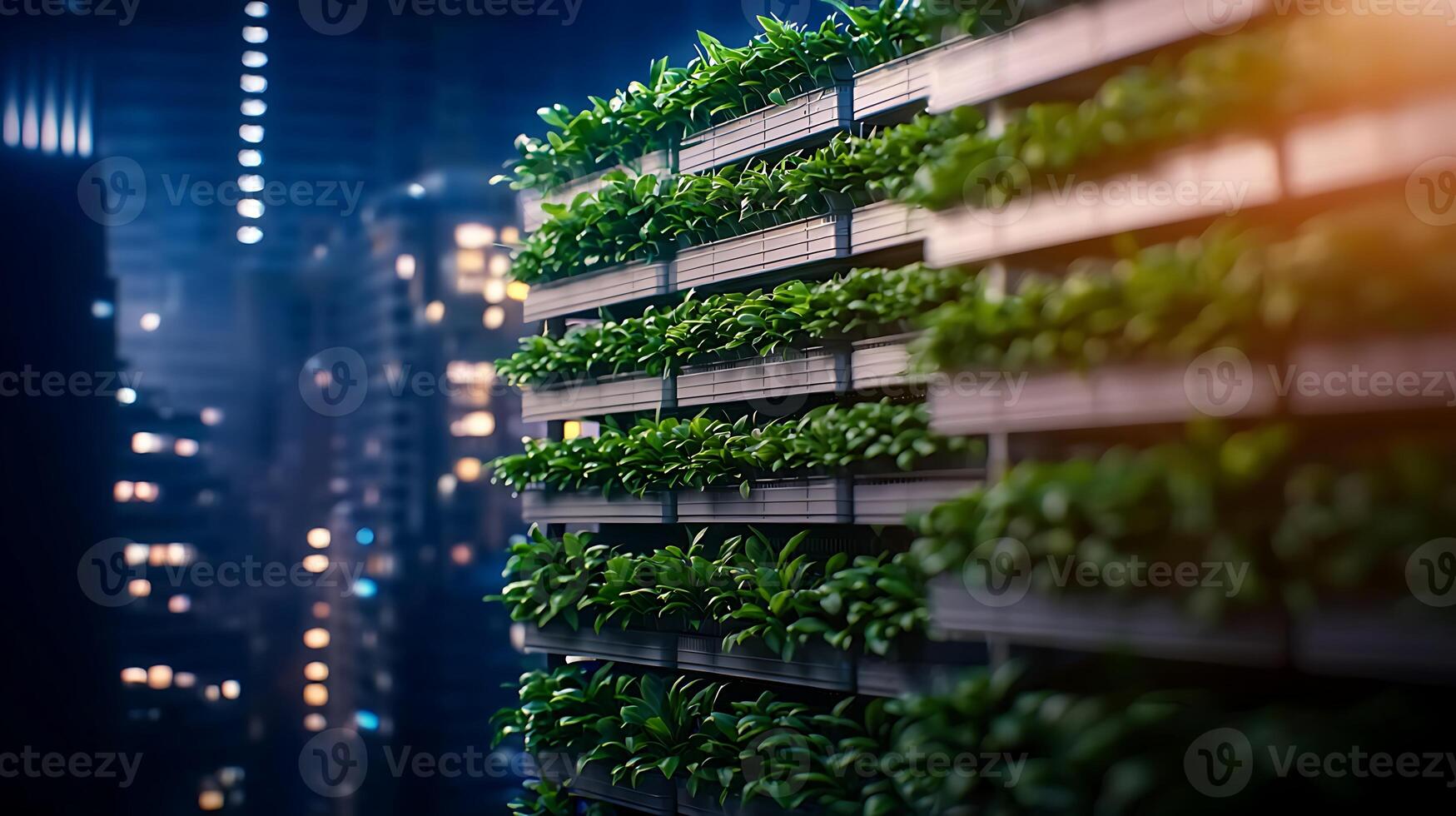Lush vertical garden on a modern building illuminated by city lights at night, showcasing urban greenery photo