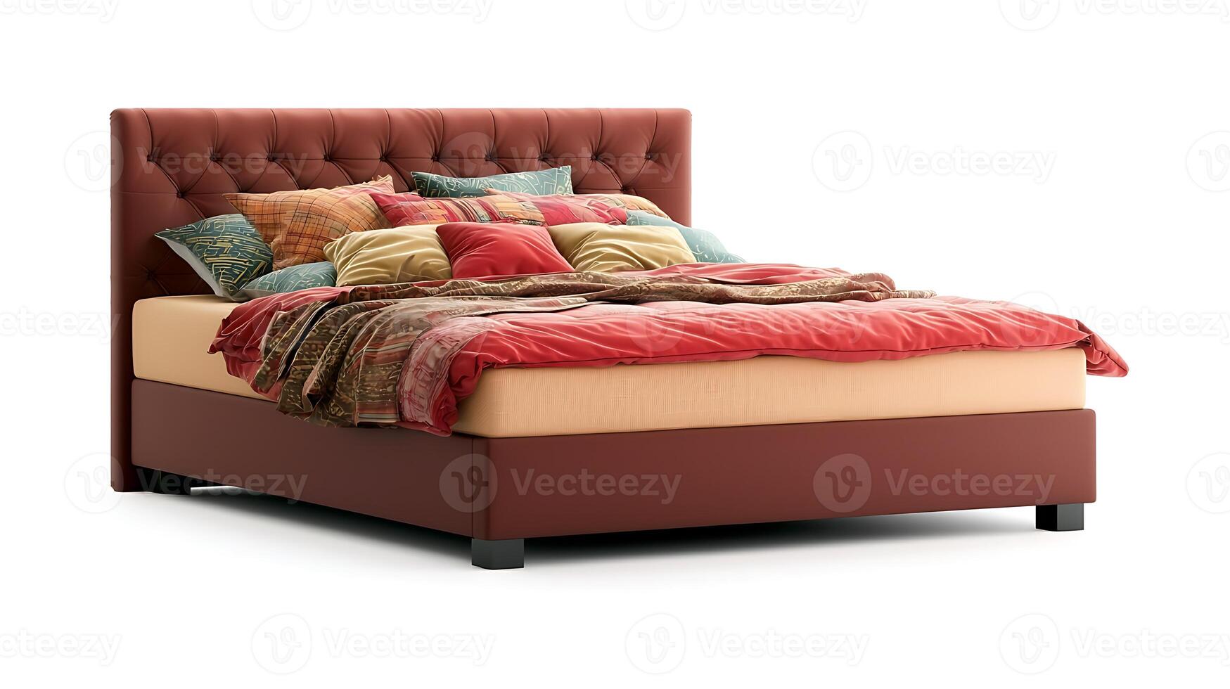 Luxurious upholstered bed with colorful pillows and blankets in a bright, minimalist setting photo