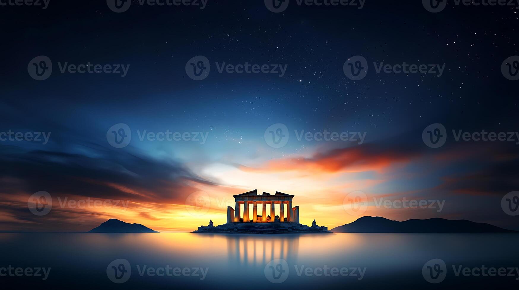 Majestic ancient temple illuminated by sunset over tranquil waters with distant mountains photo