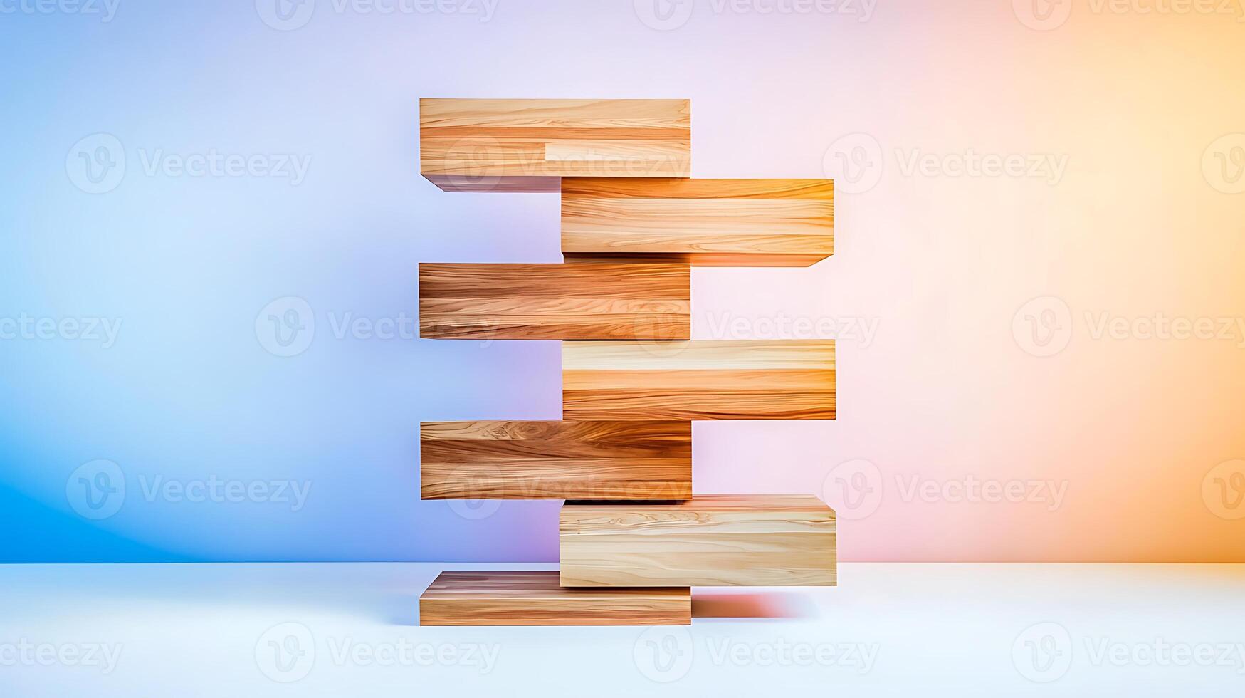 Stacked wooden blocks in a modern gradient background, showcasing balance and design aesthetics photo