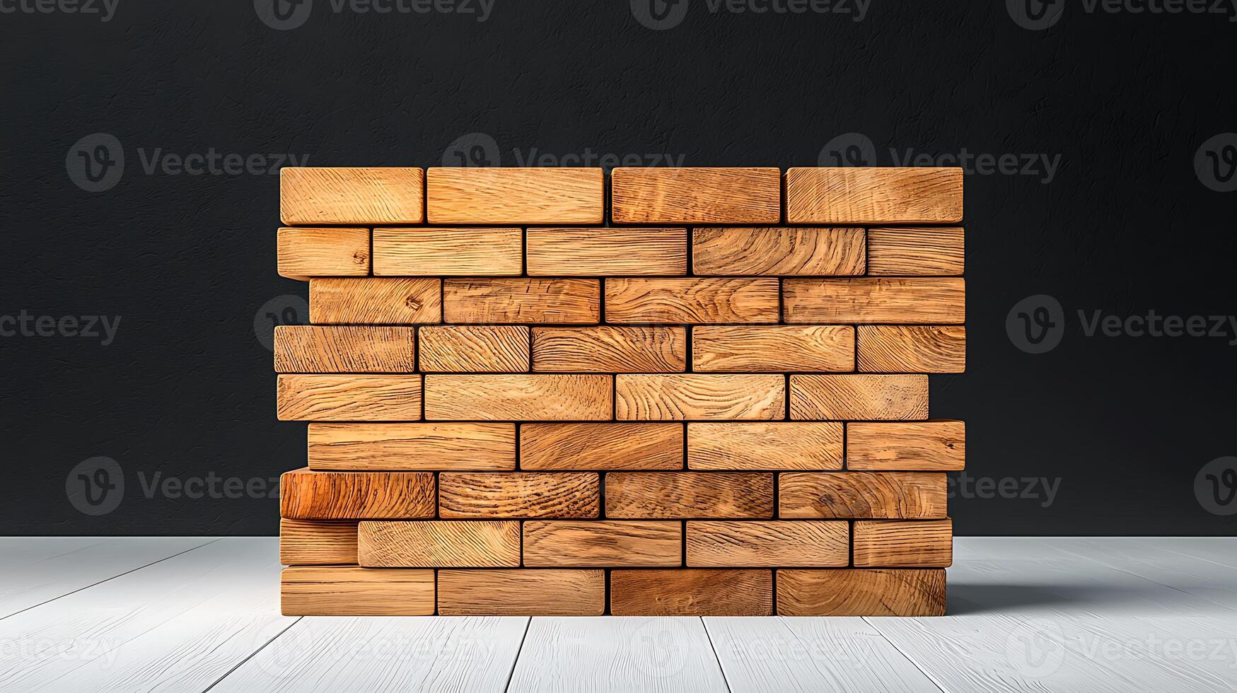 Stacked wooden blocks arranged neatly on a white surface against a dark backdrop photo