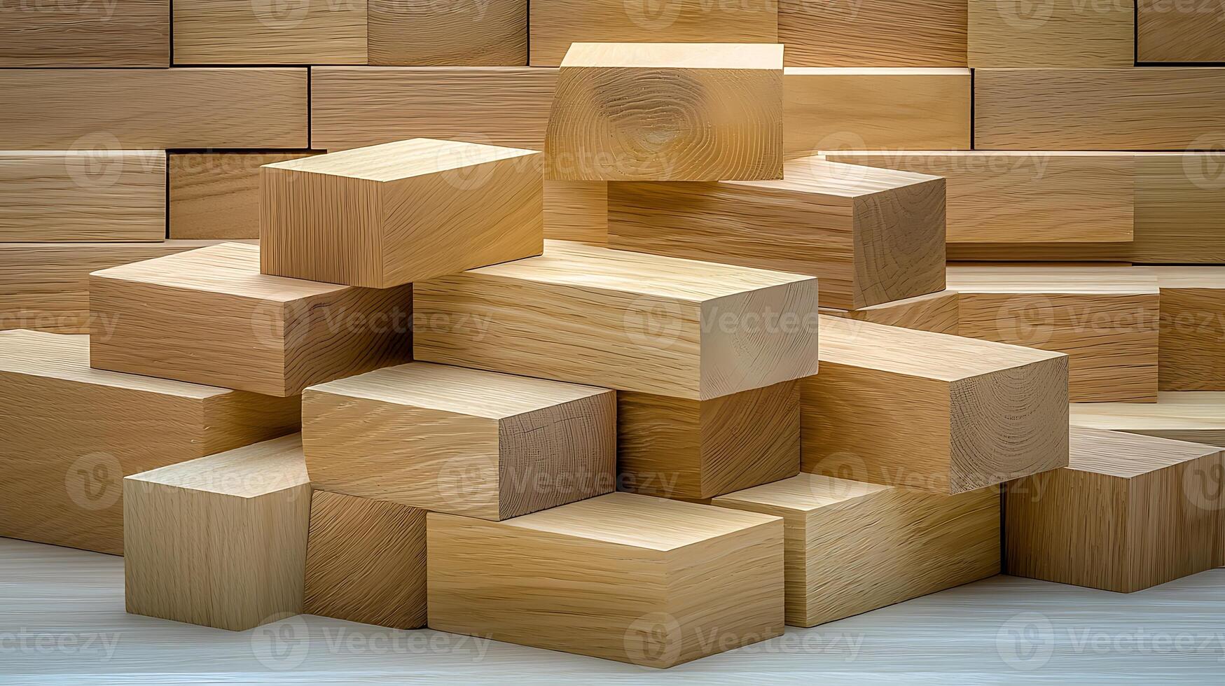 Stacked wooden blocks creating a textured background with natural lighting, ideal for design projects photo