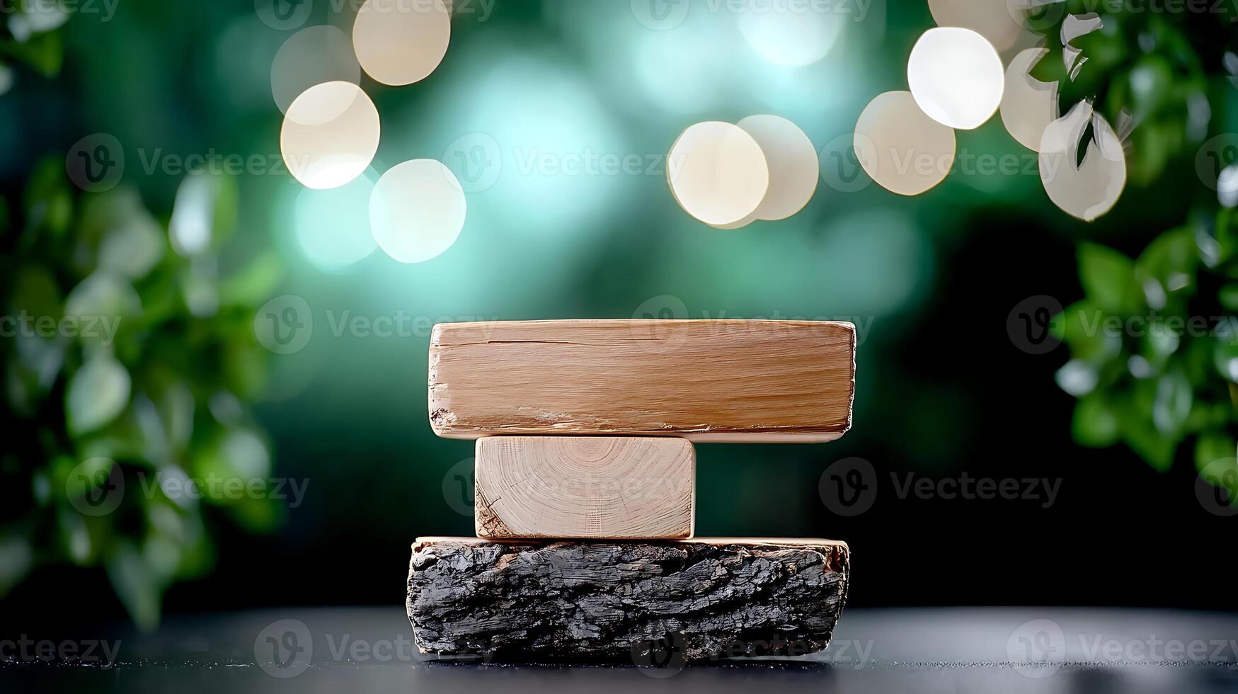 Stacked wooden blocks on a dark surface with blurred green background and soft lights photo
