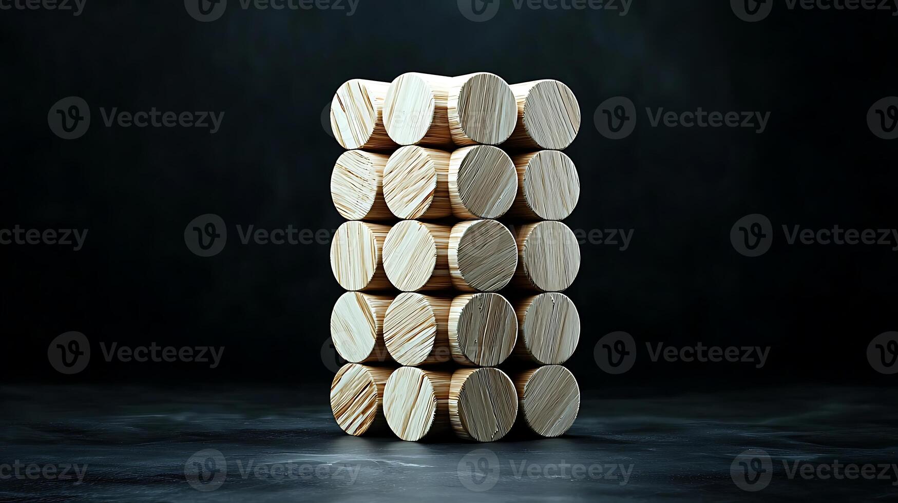 Stacked wooden cylinders arranged in a tower against a dark background, showcasing minimalist design photo