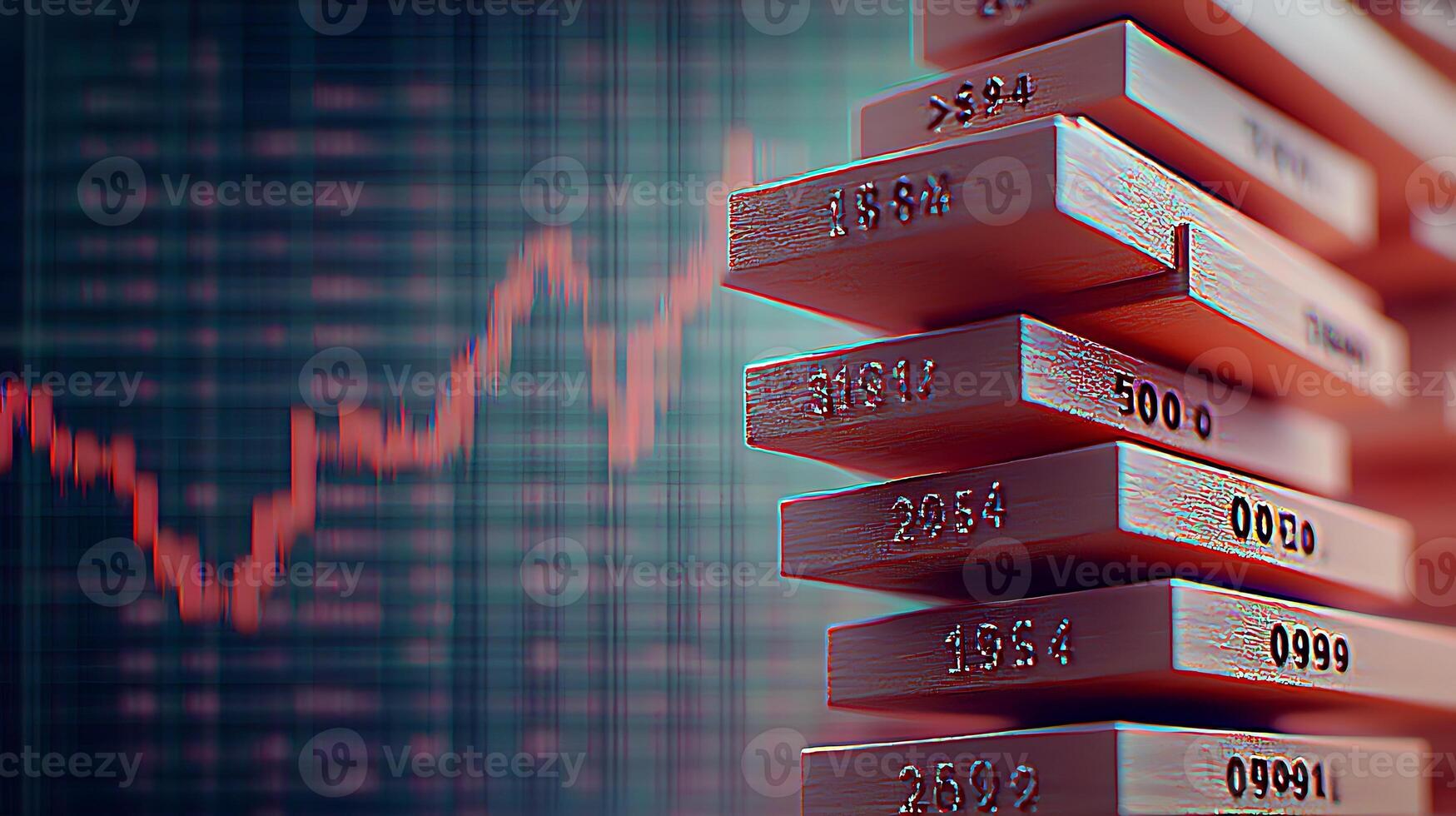 Stacked wooden blocks with financial data background illustrating growth and investment concepts photo