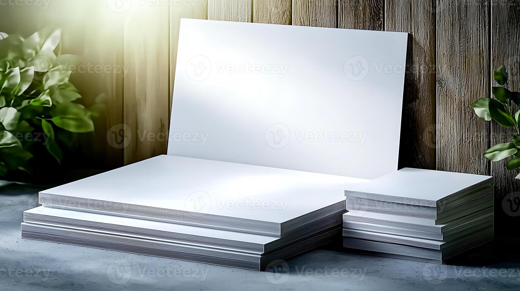 Stacks of blank white paper resting on a concrete surface near wooden fencing and greenery photo