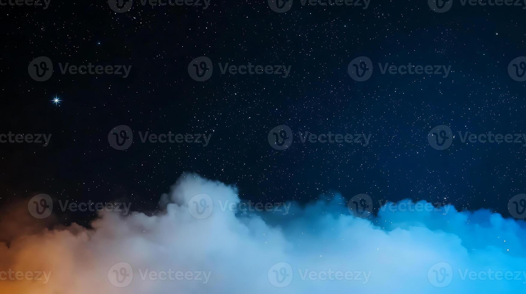 Starry night sky with clouds illuminated by orange and blue hues, creating a serene atmosphere photo
