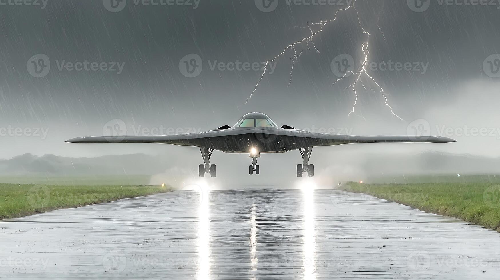 Stealth aircraft landing on a rain-soaked runway with lightning in the background photo