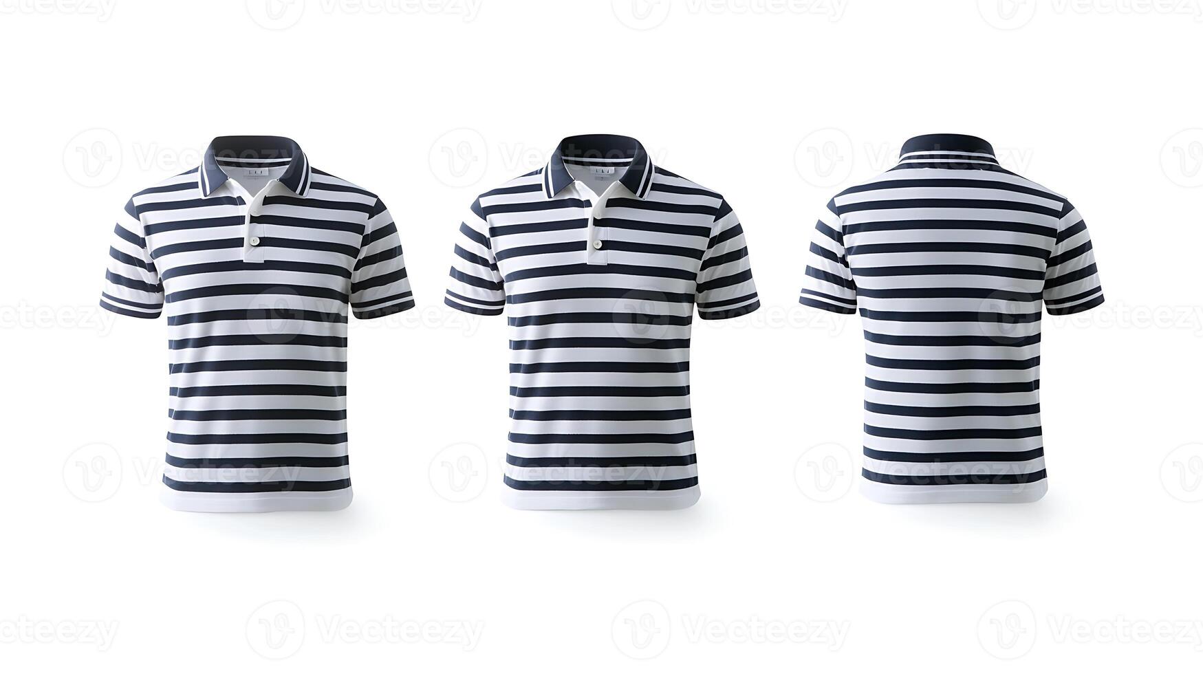Striped polo shirt displayed from three angles on a clean white background for fashion showcase photo