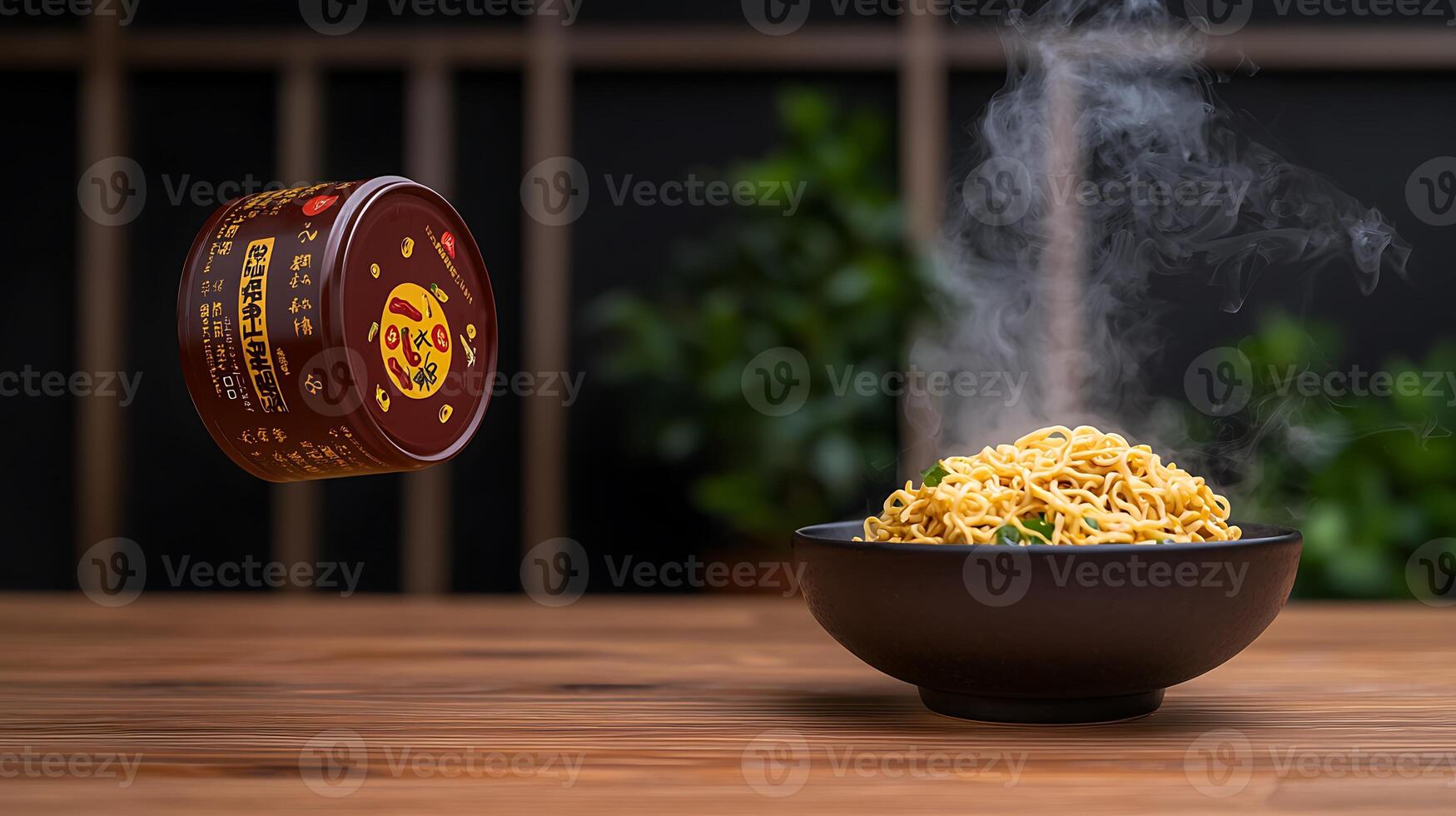 Steaming bowl of noodles with a floating canister in a modern kitchen setting photo