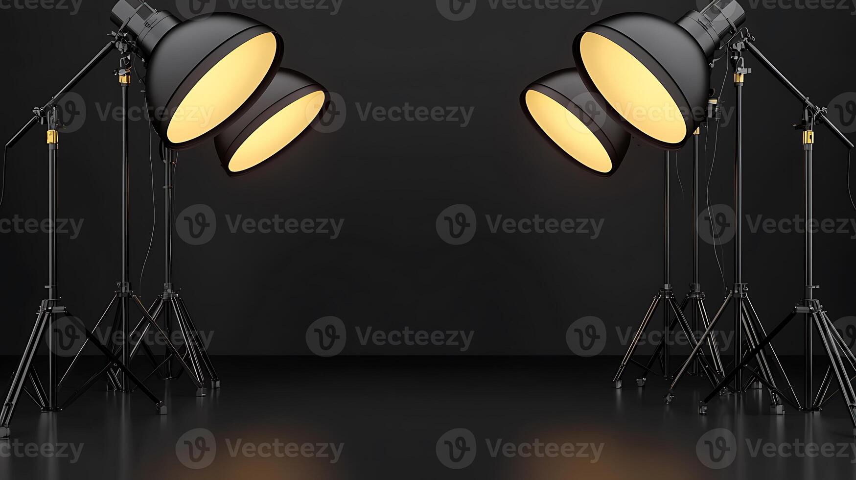 Studio setup with four professional lighting fixtures illuminating a dark background, ideal for photography photo