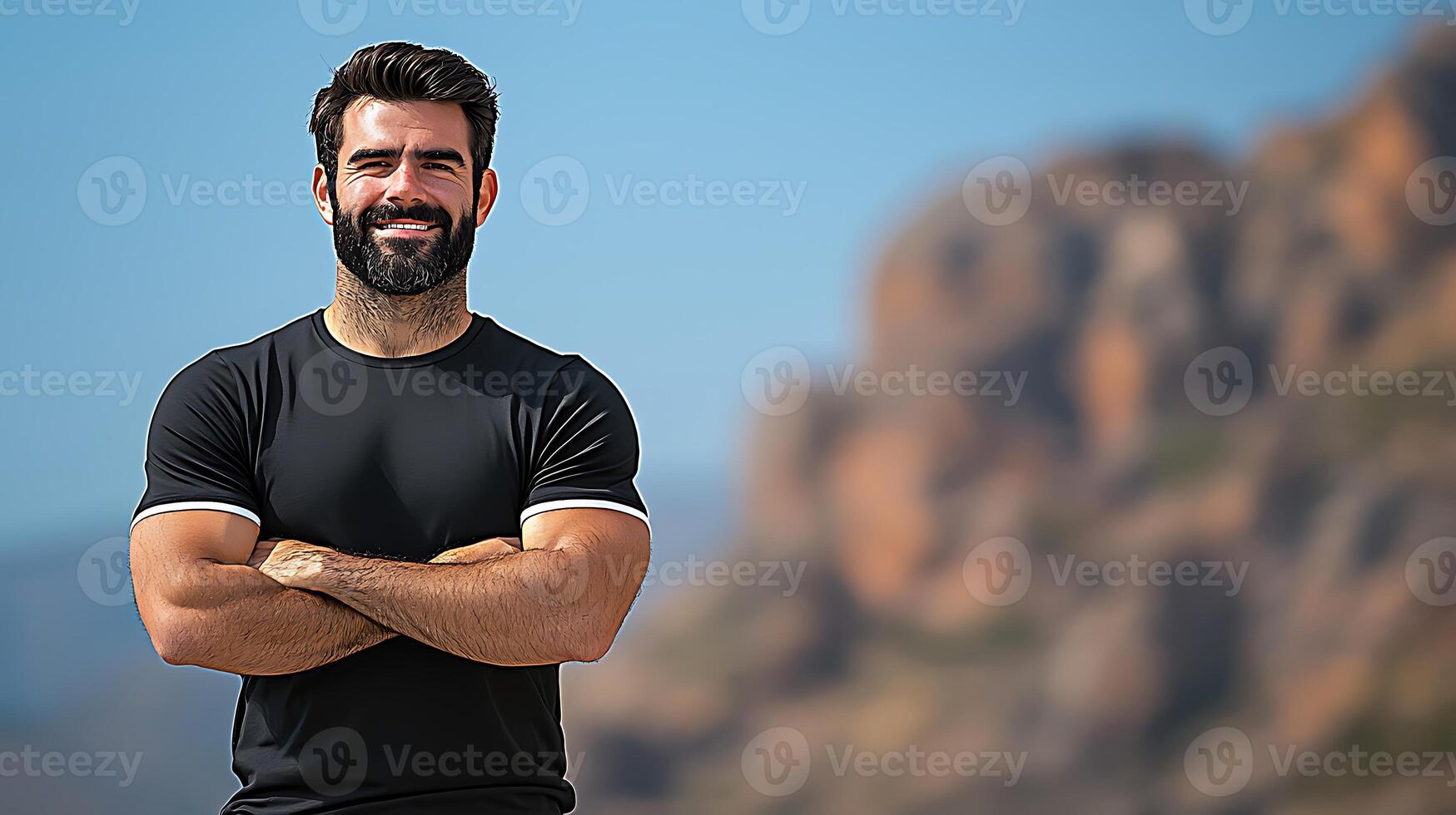 Strong man posing confidently outdoors against a scenic rocky backdrop on a sunny day photo