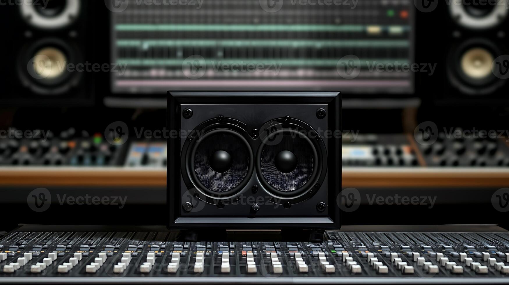 Studio audio monitor speaker positioned on a mixing console in a music production environment photo