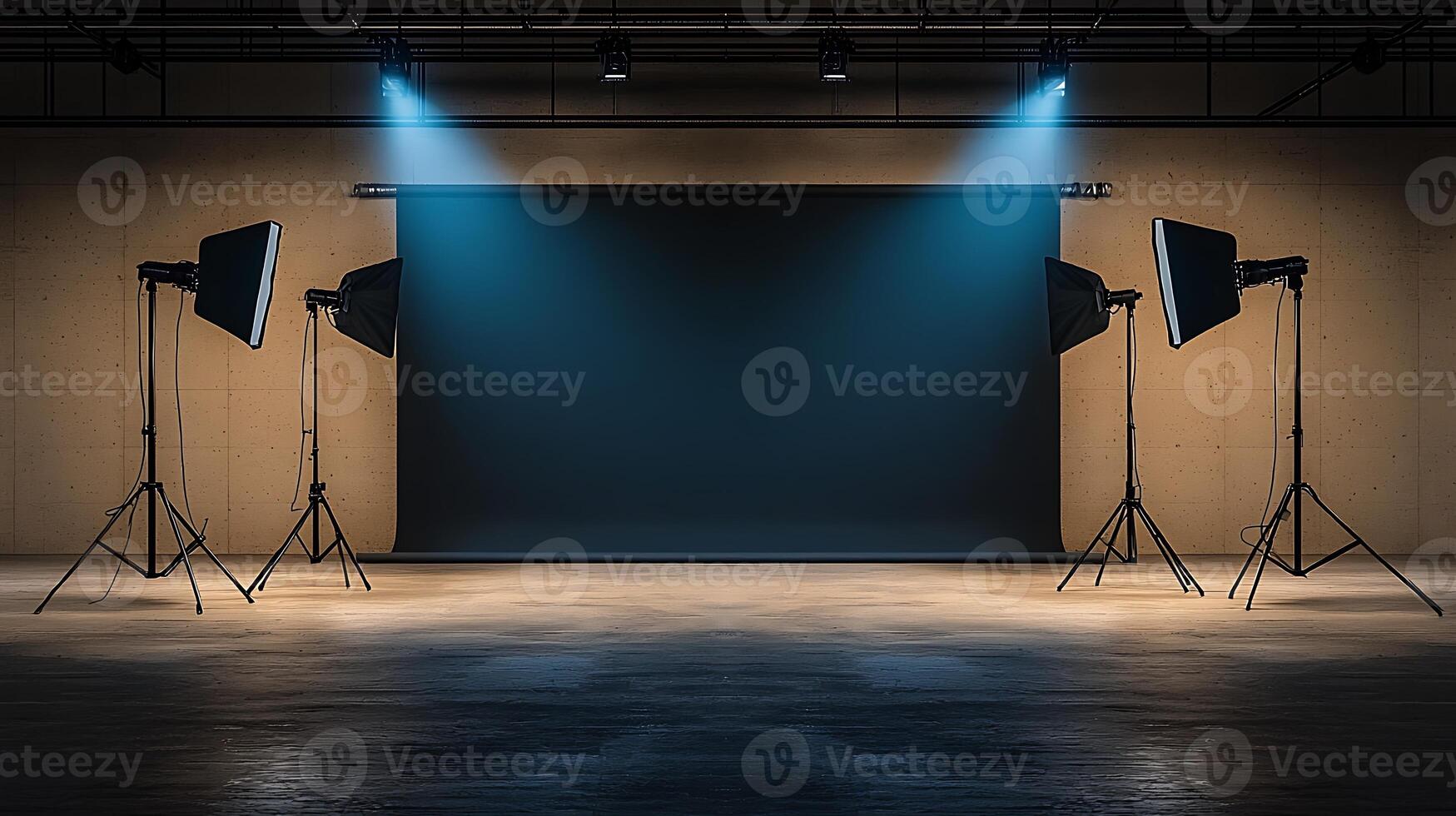 Studio setup with softbox lights illuminating a dark backdrop, ideal for photography sessions photo