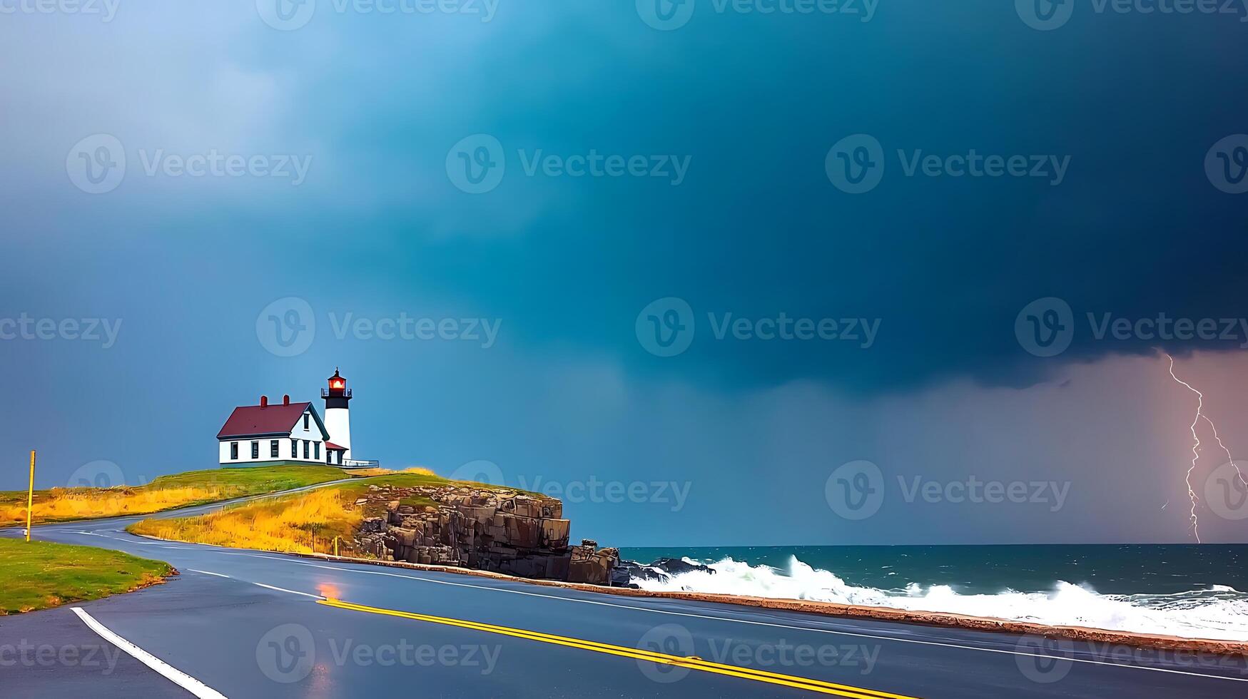 Stormy coastal scene featuring a lighthouse by the sea with lightning in the background photo