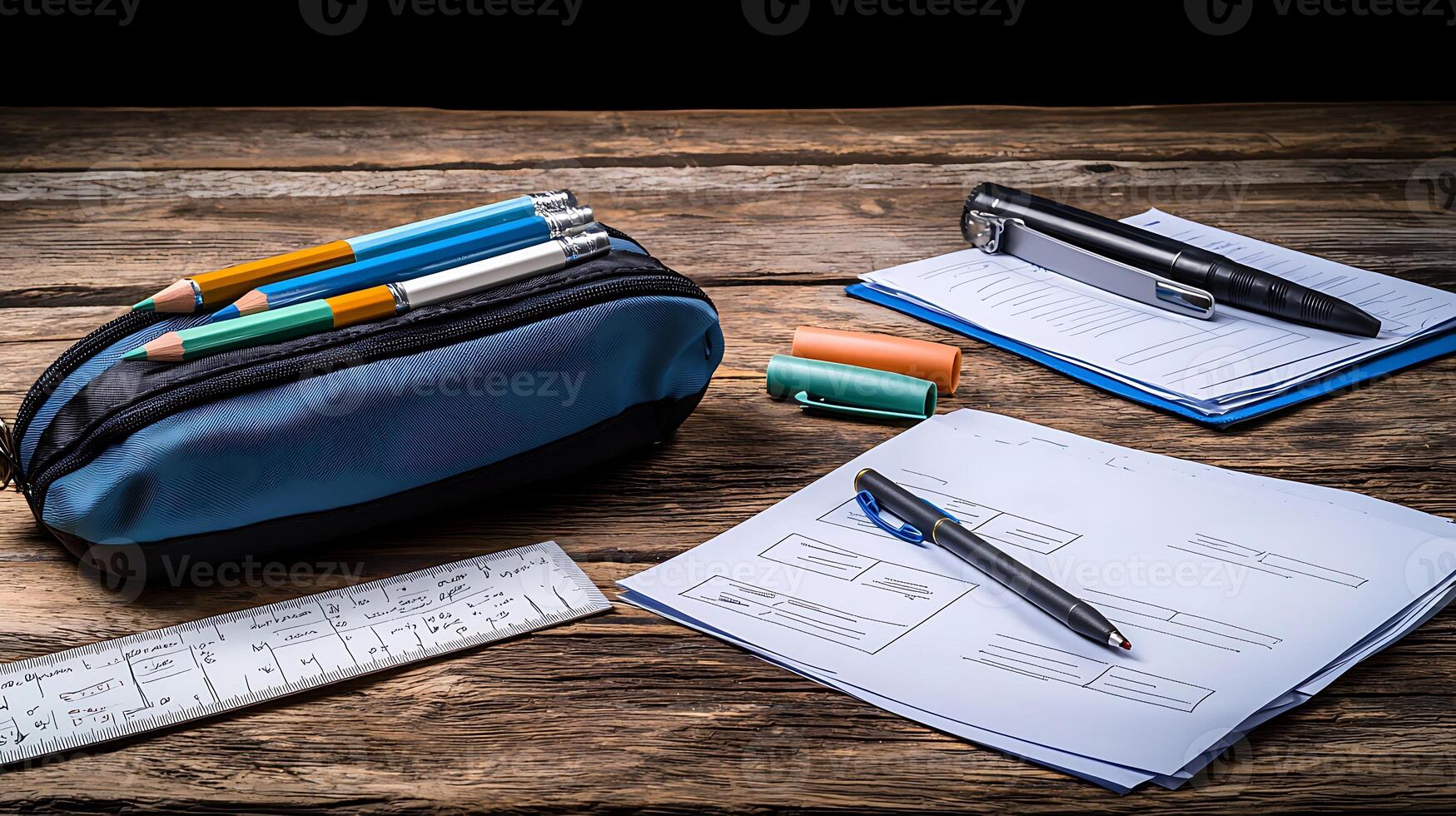Study materials arranged on a wooden desk with stationery, papers, and writing tools in focus photo