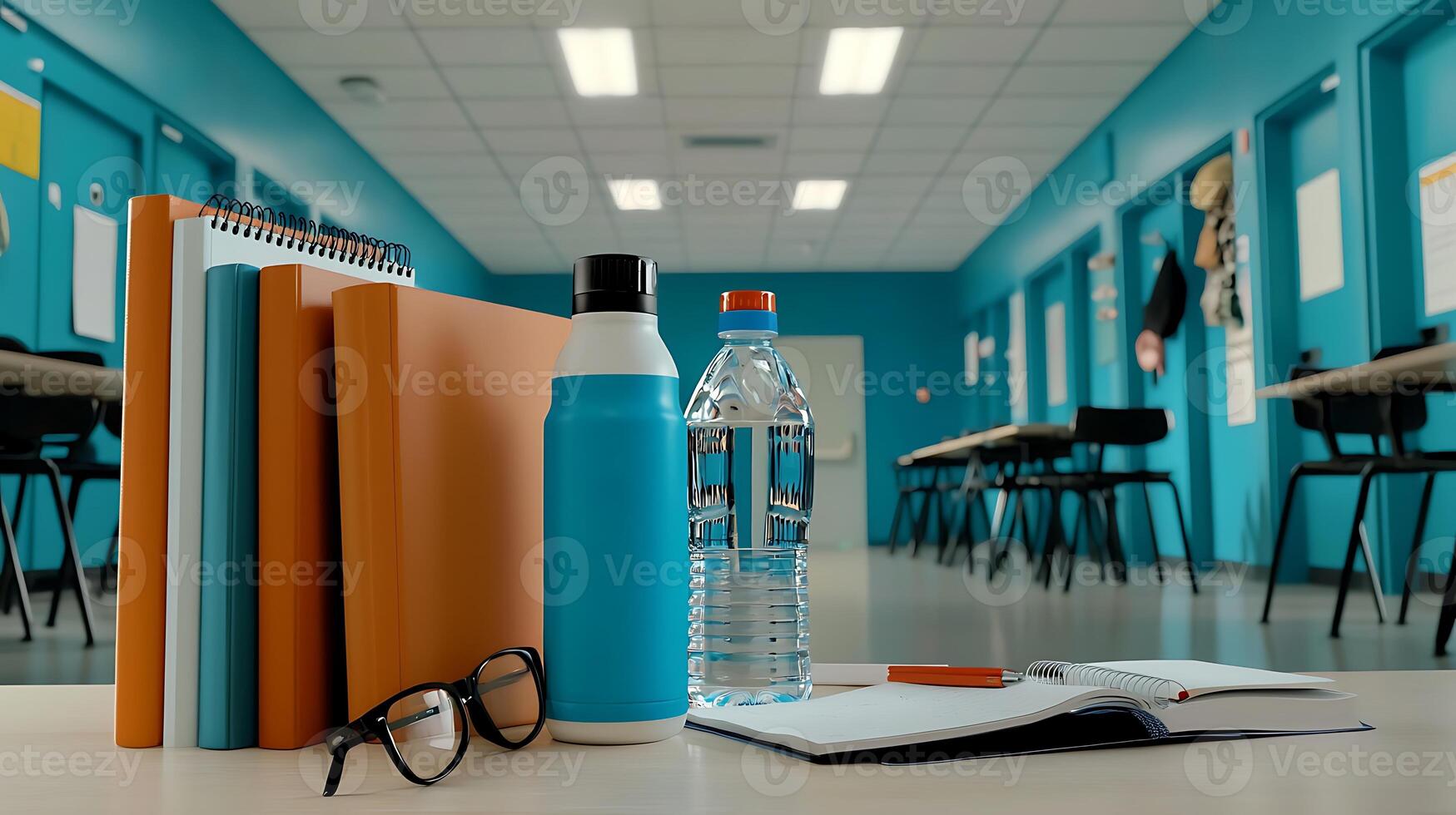 Study materials on a desk in a bright classroom with blue walls and empty chairs in the background photo