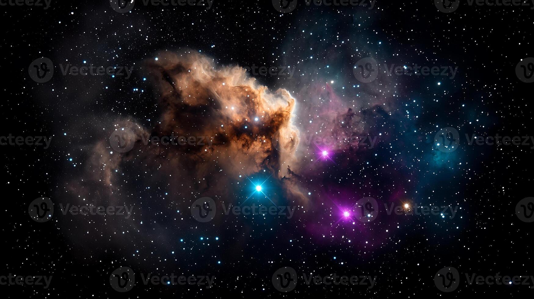 Stunning cosmic nebula with vibrant colors and star clusters illuminated against the dark space photo