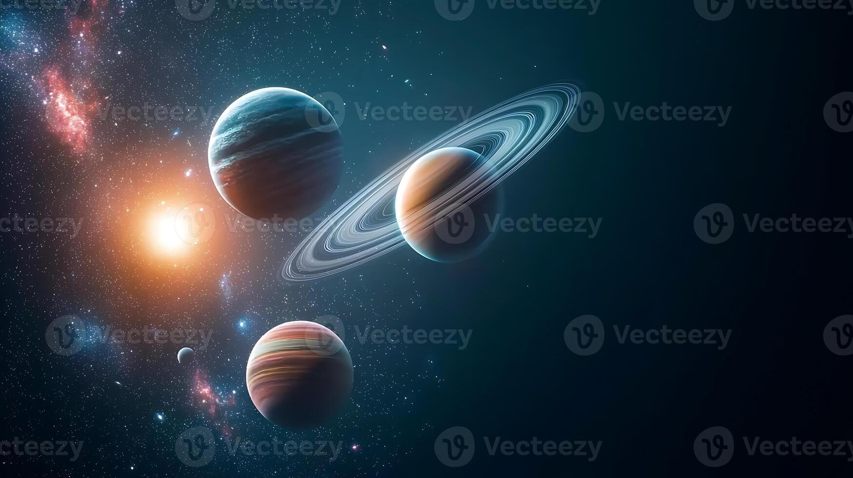 Stunning cosmic scene featuring planets and rings in a vibrant galaxy with distant stars photo