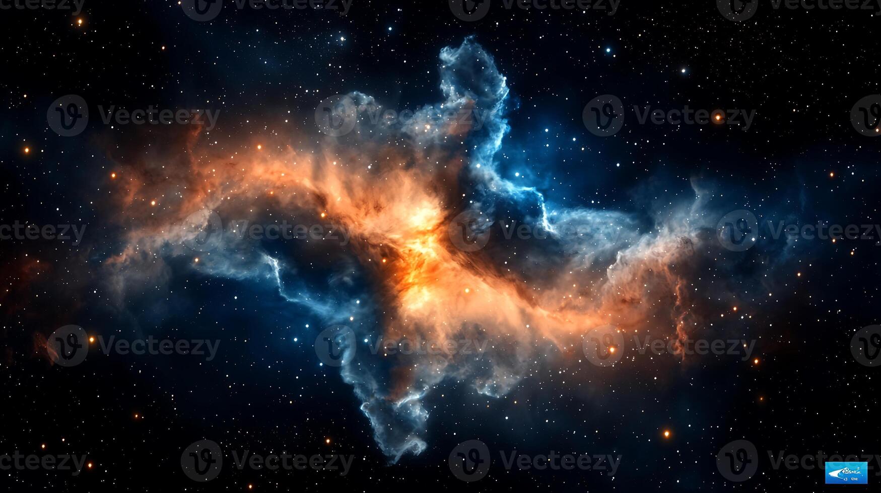 Stunning cosmic nebula with vibrant orange and blue hues surrounded by stars in deep space photo