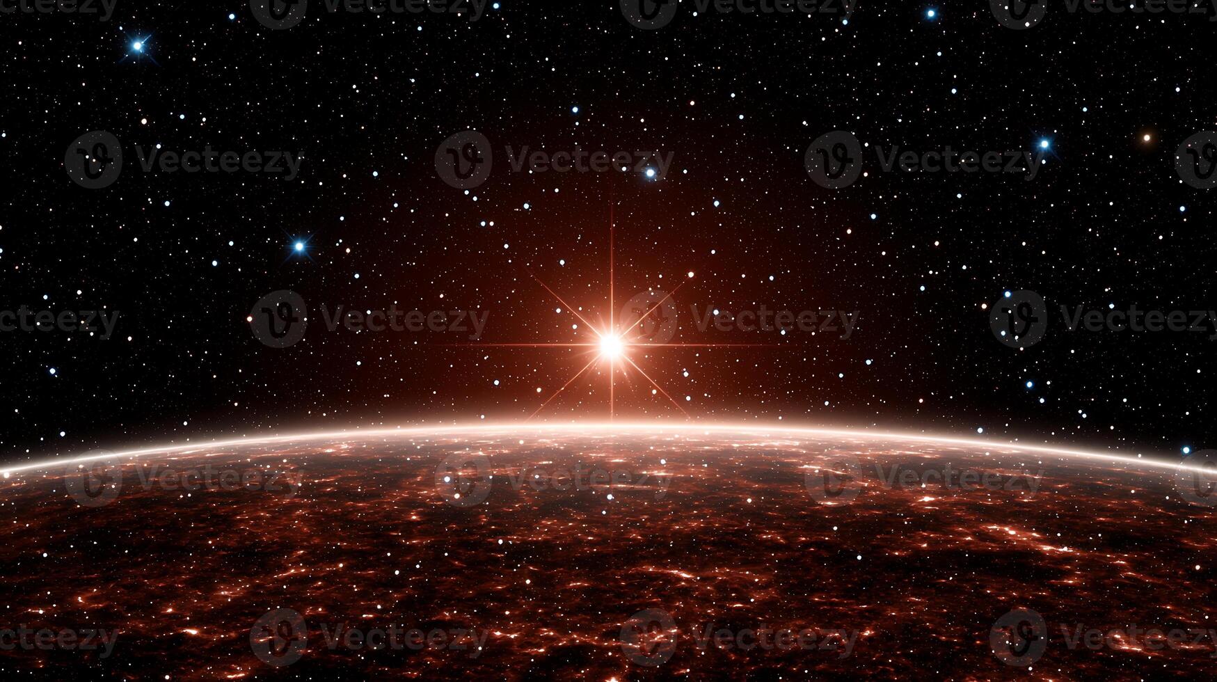 Stunning cosmic view of a distant planet's surface illuminated by a bright star in space photo