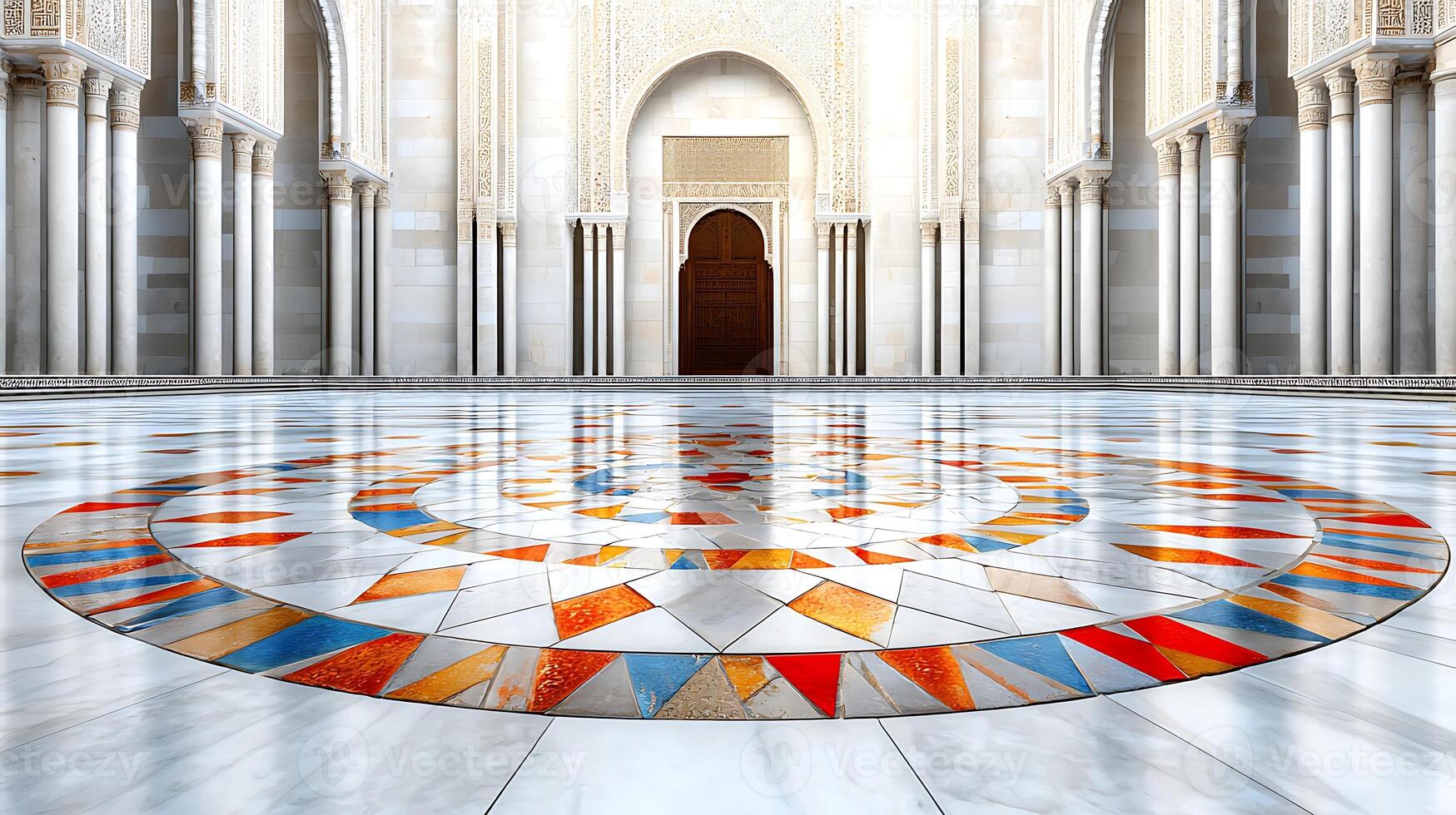 Stunning interior of a grand mosque featuring intricate tiled floor patterns and majestic columns photo